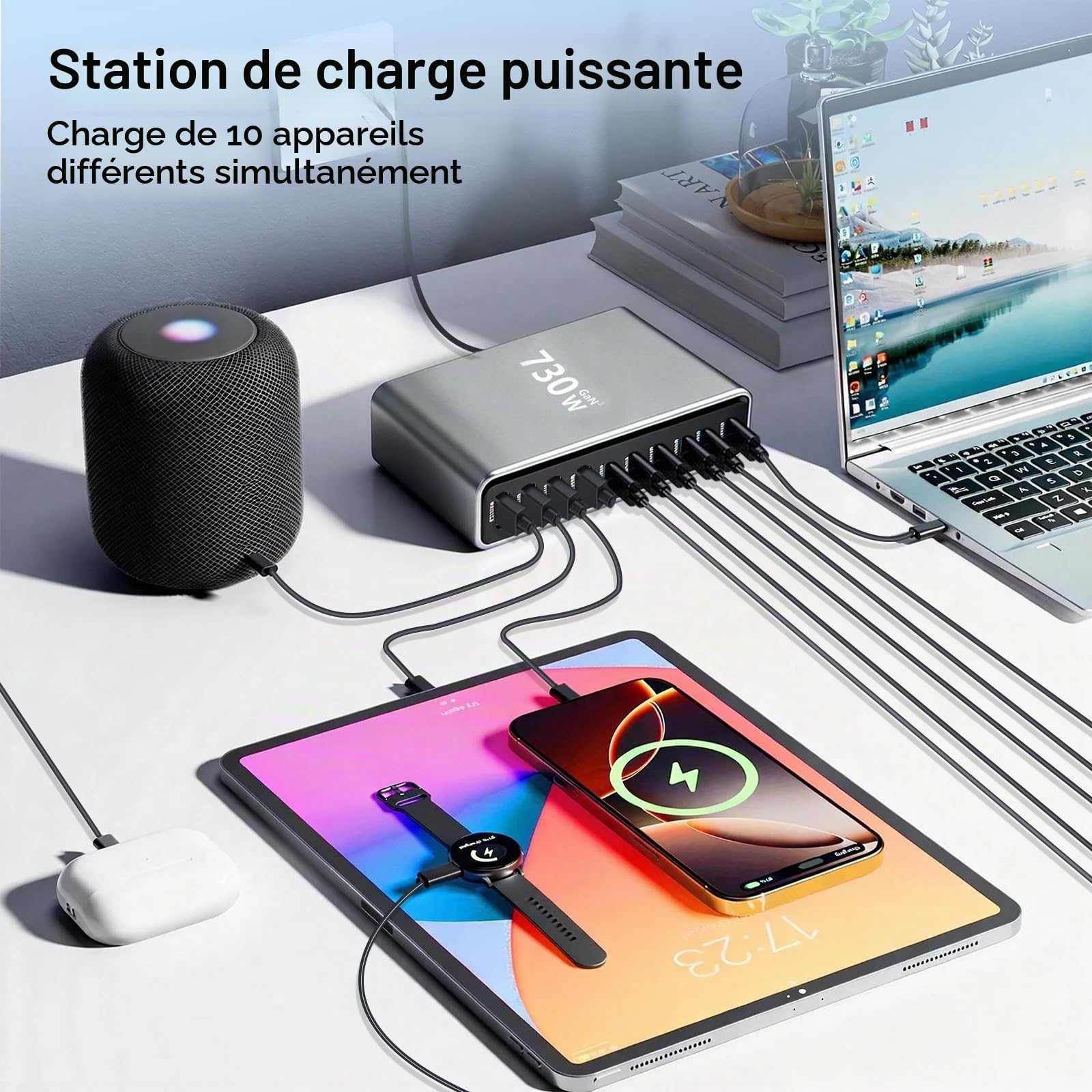 730 W Chargeur USB C Multiple, Station de Charge PD 140 W 100 W 65 W, Chargeur Rapide à 10 Ports Chargeur GaN-III Compatible avec MacBook, iPad, iPhone séries 16/15/14, Galaxy S22/ S20,Dell, HP