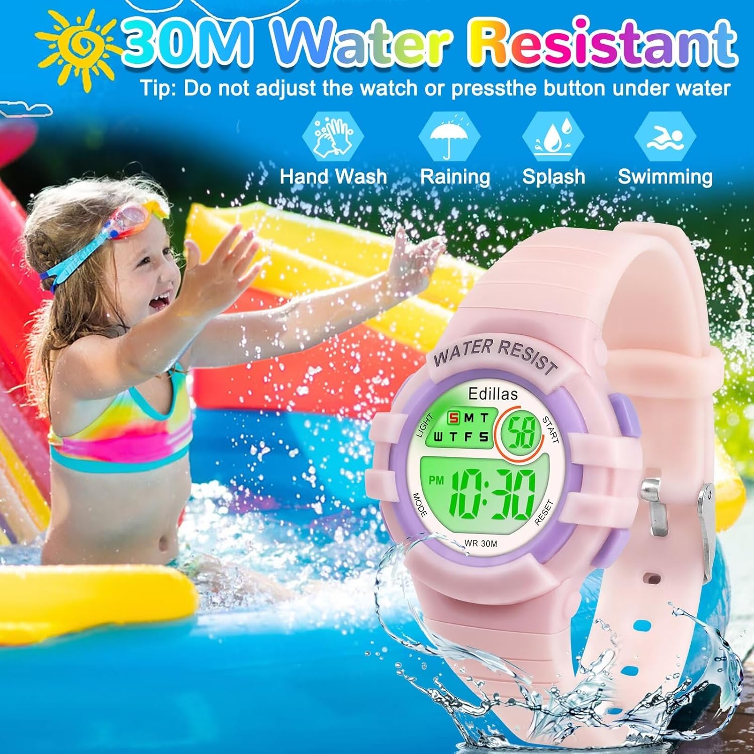 Image showing a child playing in water with the Edillas Digital Kids Watch, illustrating its 30M water resistance for activities like hand washing, rain, splashes, and swimming.