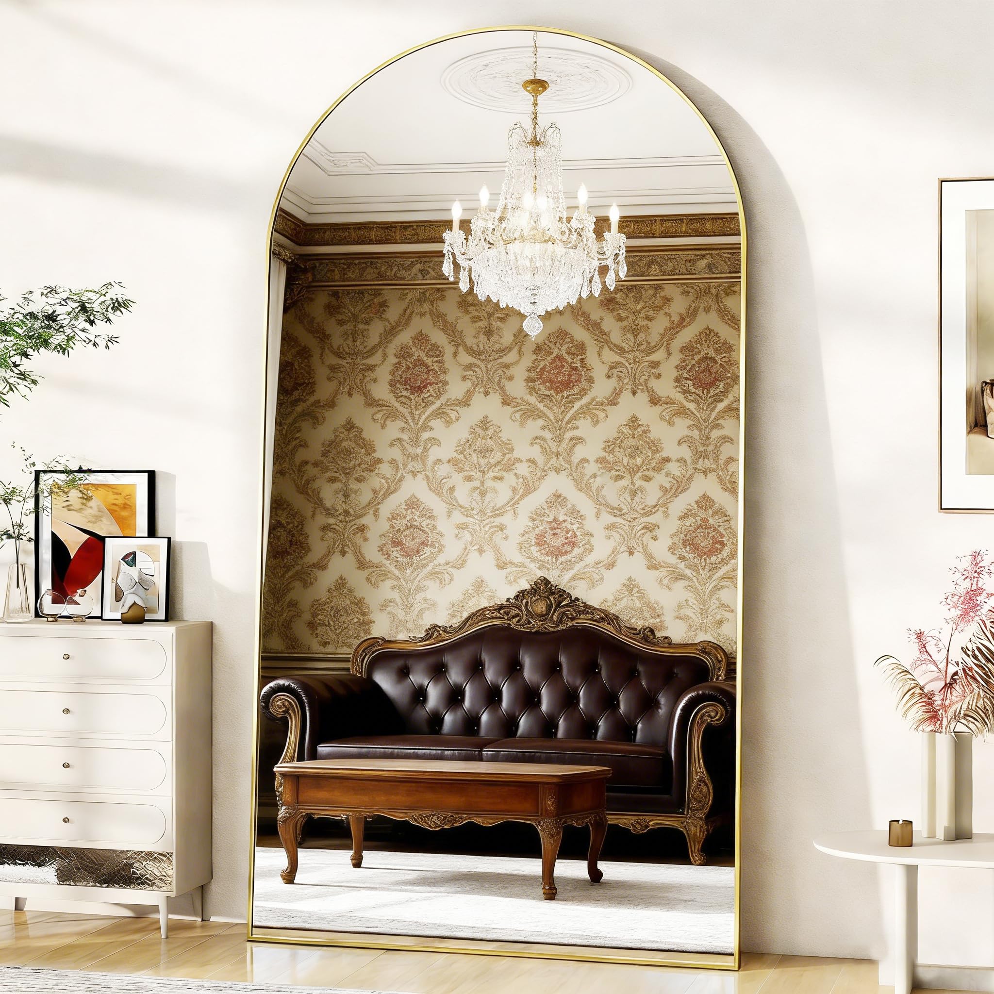 Espejo de Cuerpo Entero Espejos de Suelo Arqueado con Soporte, Marco de Aleación de Aluminio, Cristal Templado, para Dormitorio, Salón, Vestuario, Navidad - Oro, 179x65cm | 71" L x 26" W