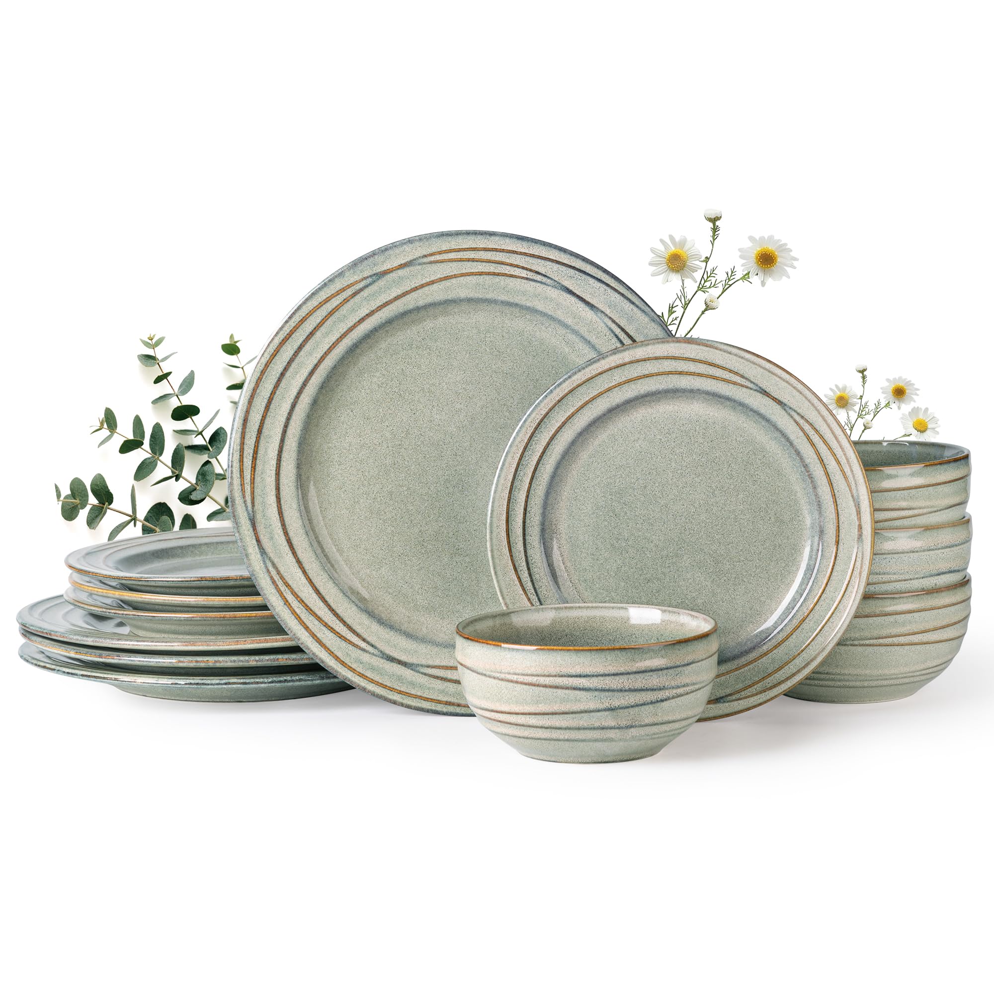 GBHOME Ceramic Dinnerware Sets,12 pcs Embossed Elegant Stoneware Plates and Bowls Sets, Housewarming Wedding Gift | Dishwasher &amp; Microwave Safe | Dishes Set Service for 6