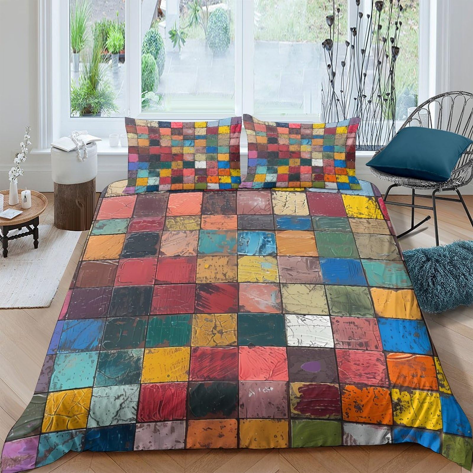 GPLZQXKJNH 3D Printed Colourful Patchwork Duvet Cover Microfiber Soft Breathable Mosaic Quilt Cover Bedding Set with 2 Pillowcases for Bedroom, Home, Dorm Single（135x200cm）