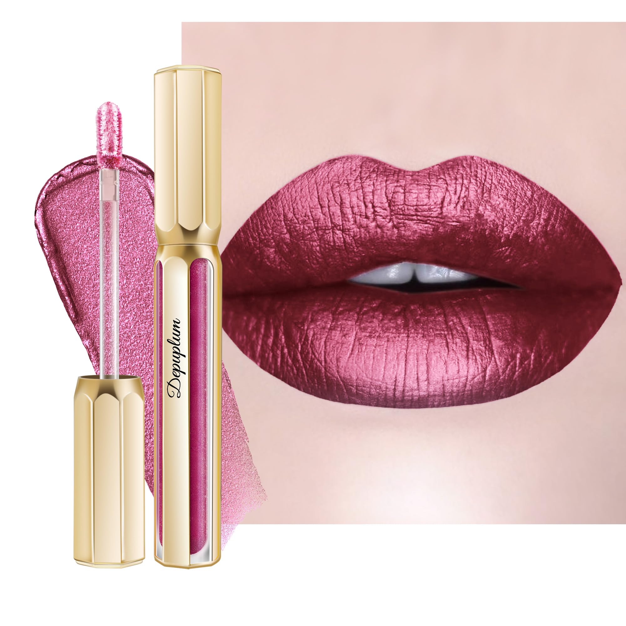 Depuplum Burgundy Lipsticks for Women Metallic Lipstick Long Lasting Non Stick Cup Lip Gloss, Shimmer Lightweight Hydrating Full Coverage Lip Color,