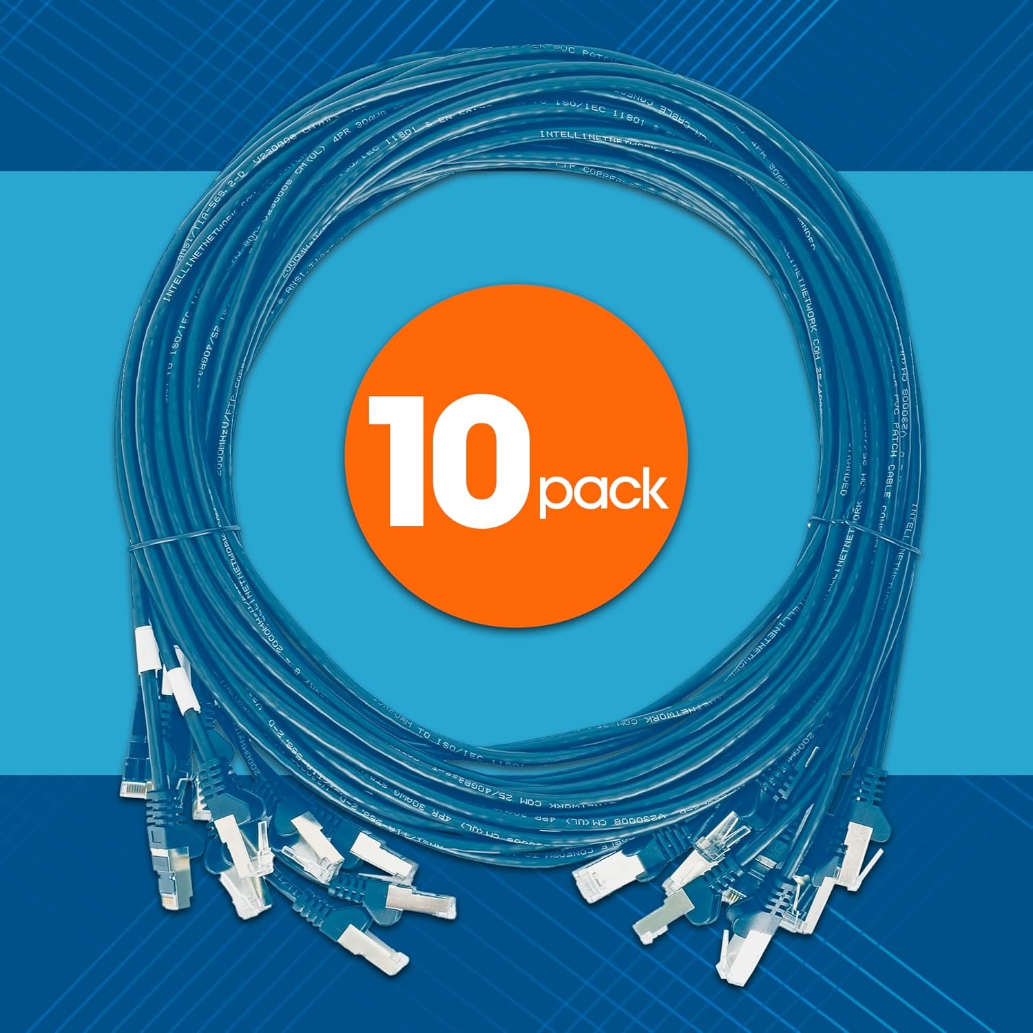 Intellinet Slim Cat8 Ethernet Network Patch Cable – 10-Pack - 40Gbps & 2000MHz, Snagless Boot, 30AWG Pure Bare Copper Wire, Gold-Plated Contacts, Lifetime Mfg Warranty – 7ft, 10 Pack, Blue
