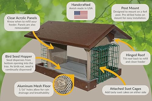 Miniatura 7 de Comedero grande de plástico de polietileno para pájaros con dos jaulas de sebo para aves silvestres al aire libre, fabricado en Estados Unidos