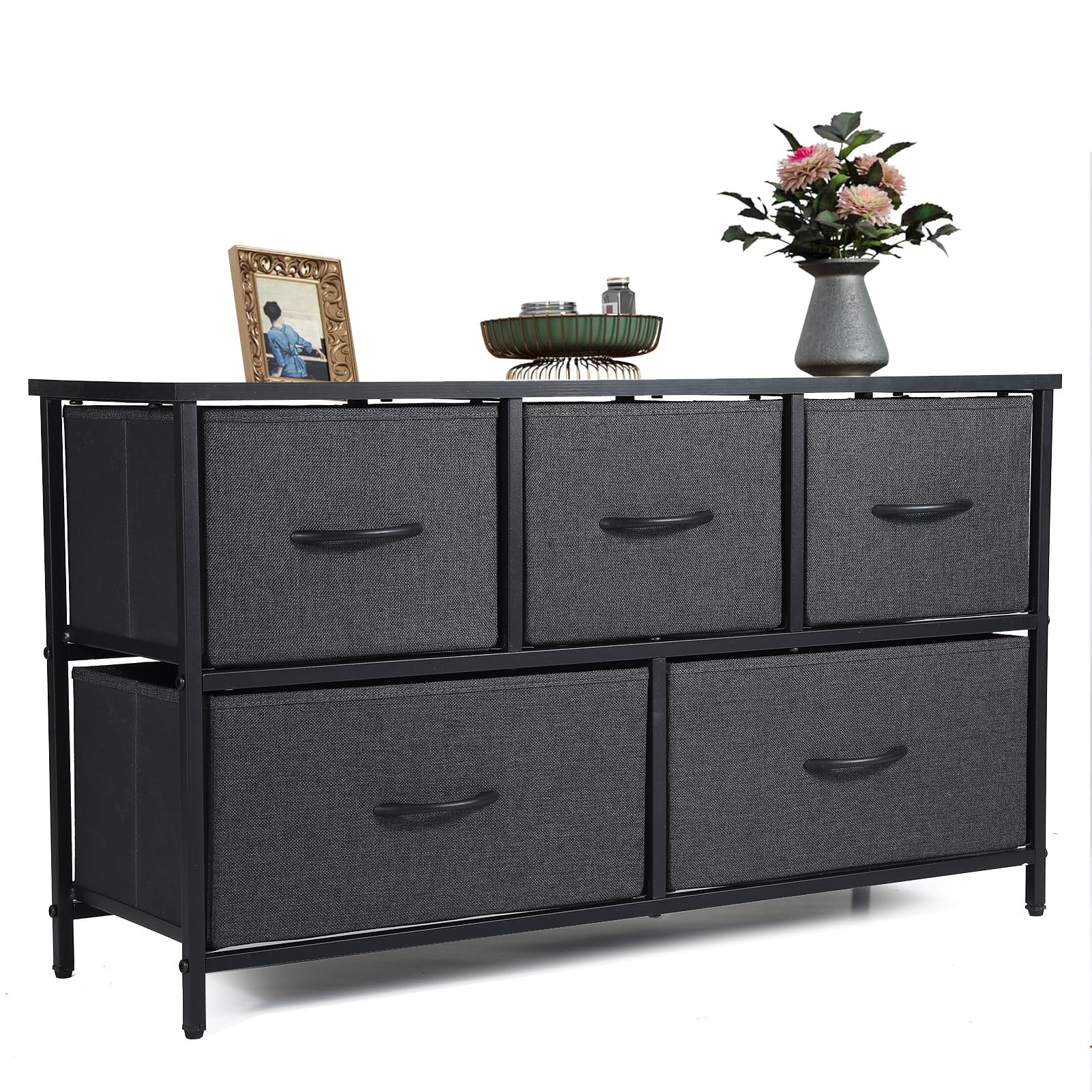 DAYONG Storage Tower Unit, Dresser for Bedroom with 5 Drawers, Wooden Top & Metal Frame, Wide Chest of Drawers for Living Room, Hallway, Closet (Color 1)