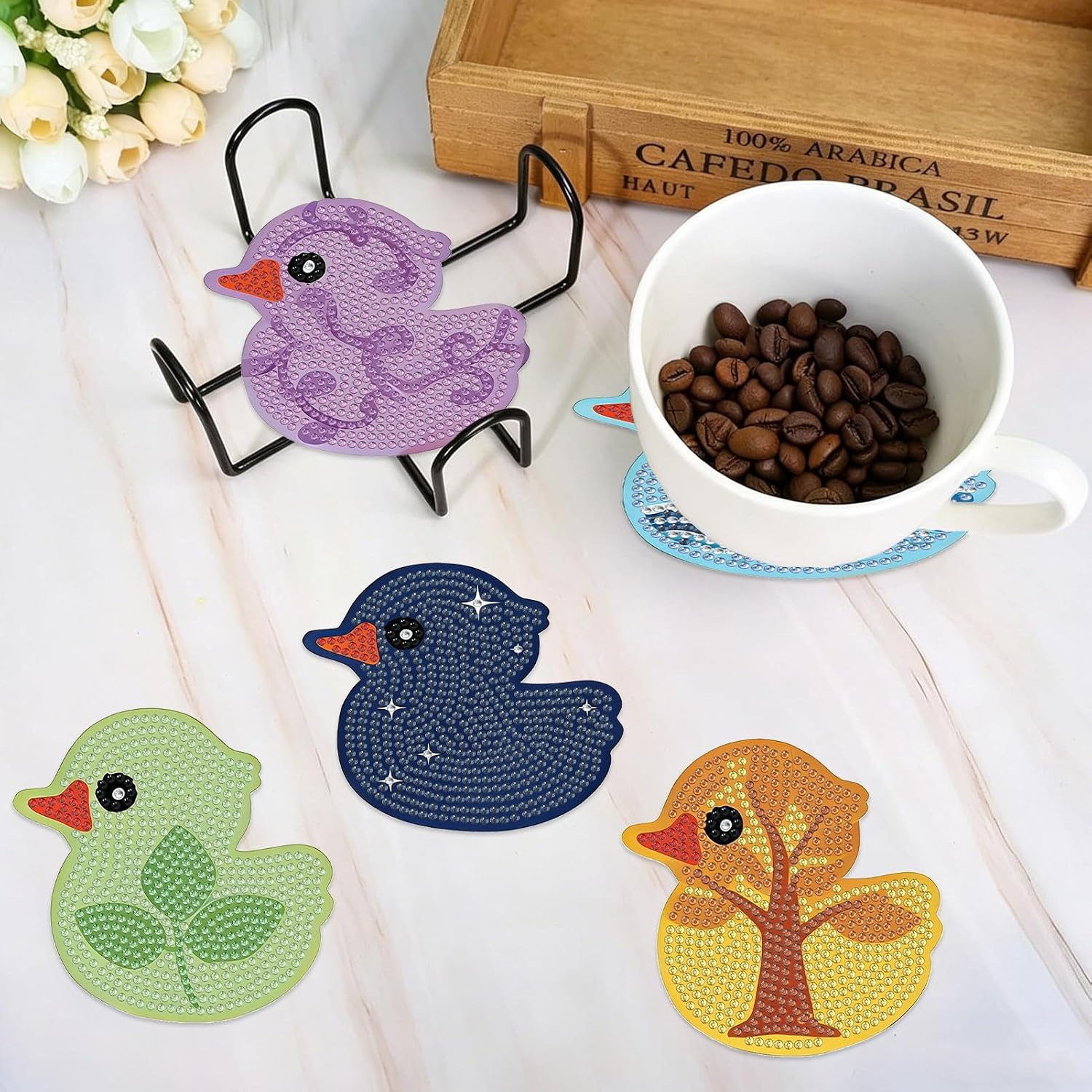 8 PCS Duck Pattern Diamond Art Coasters Kit with Holder – 3.9 Inch Non-Slip Cup Mats, DIY Gem Art for Home Decor & Unique Housewarming Gift