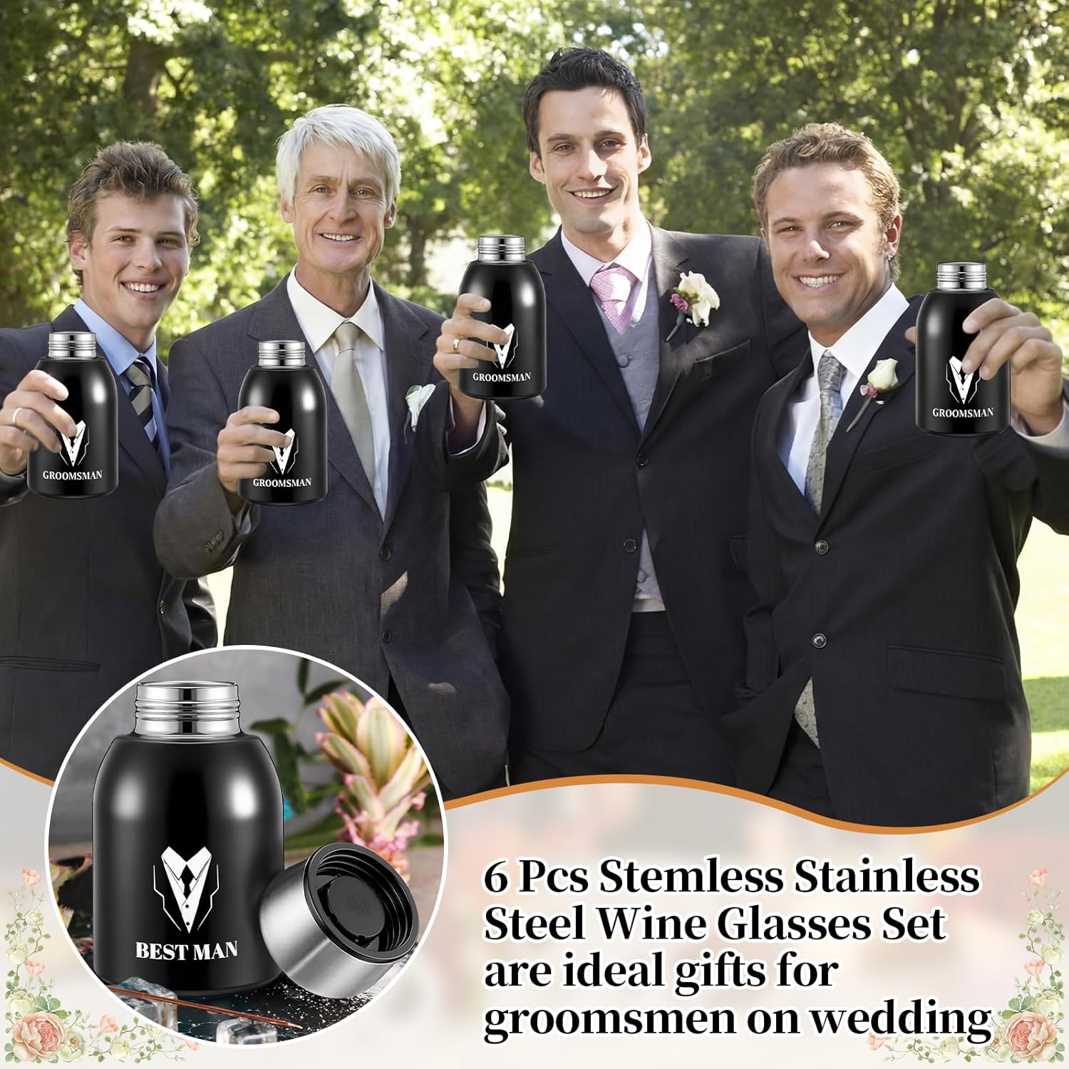 Potchen 6 Pcs Wedding Groomsmen Proposal Gifts 10 oz Stainless Steel Wine Bottle Black Stemless Shot Glass Set Double Solid Stainless Steel Cups for for Wedding Bachelor Party Favors