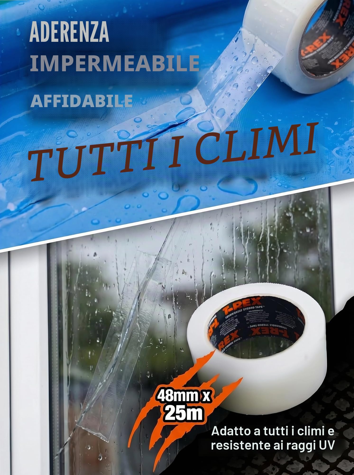 T-REX All Weather Tape - Nastro impermeabile per riparazioni extra forte per uso interno ed esterno - trasparente e resistente alle intemperie | 48 mm x 25 m