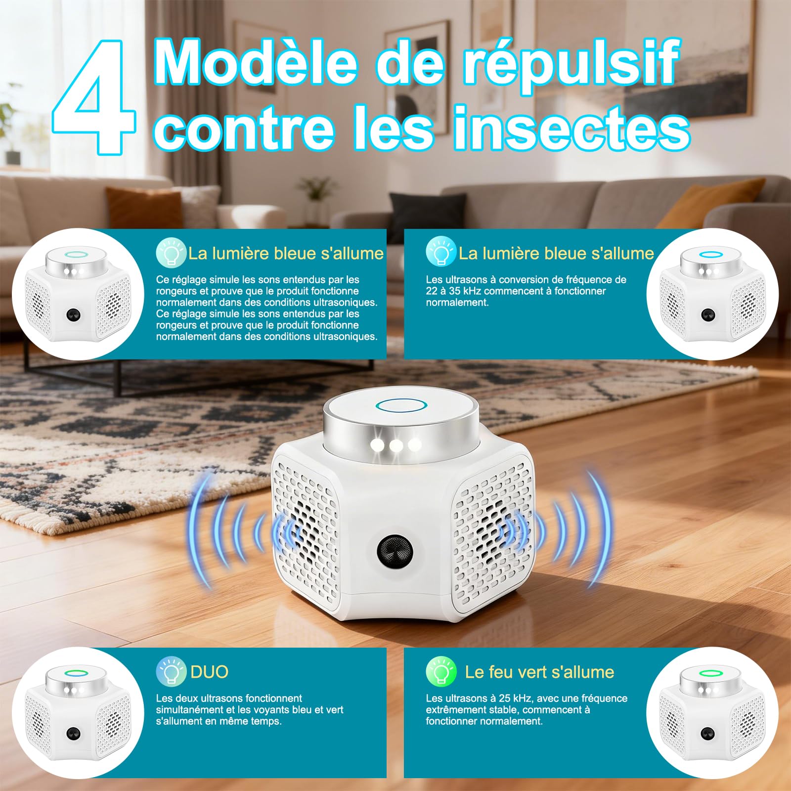 Ultrason Souris et Rats Puissant à Large Portée, 360° Répulsif Rat, Quatre Modes de Fonctionnement, Couvrant Une Surface de 100 Mètres Carrés Effets pour Rats, Souris, Campagnols et Loirs