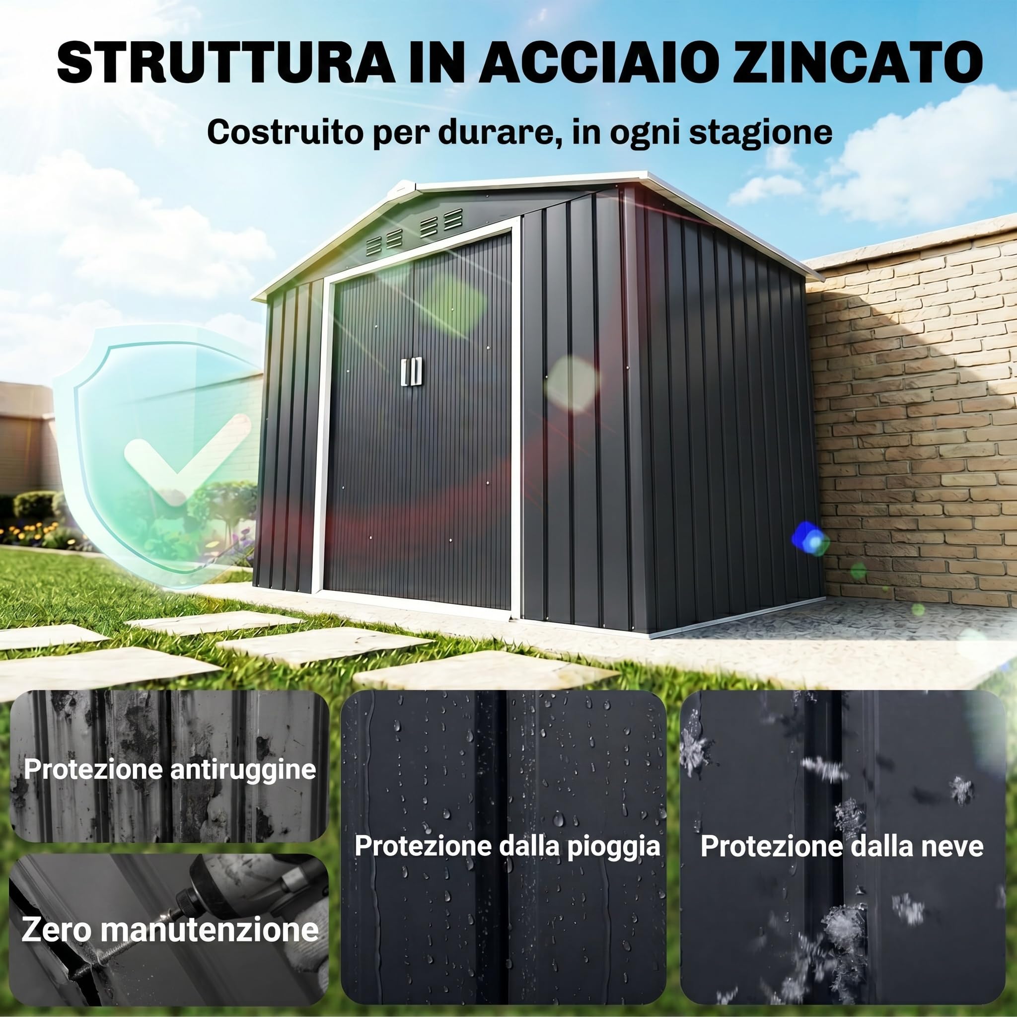 Outsunny Casetta da Giardino 2.42m² in Acciaio Zincato con Prese d'Aria e Kit Fondazione, Capanno da Giardino con Lucernario, Doppia Porta Scorrevole Bloccabile, Tetto Inclinato, Grigio Scuro