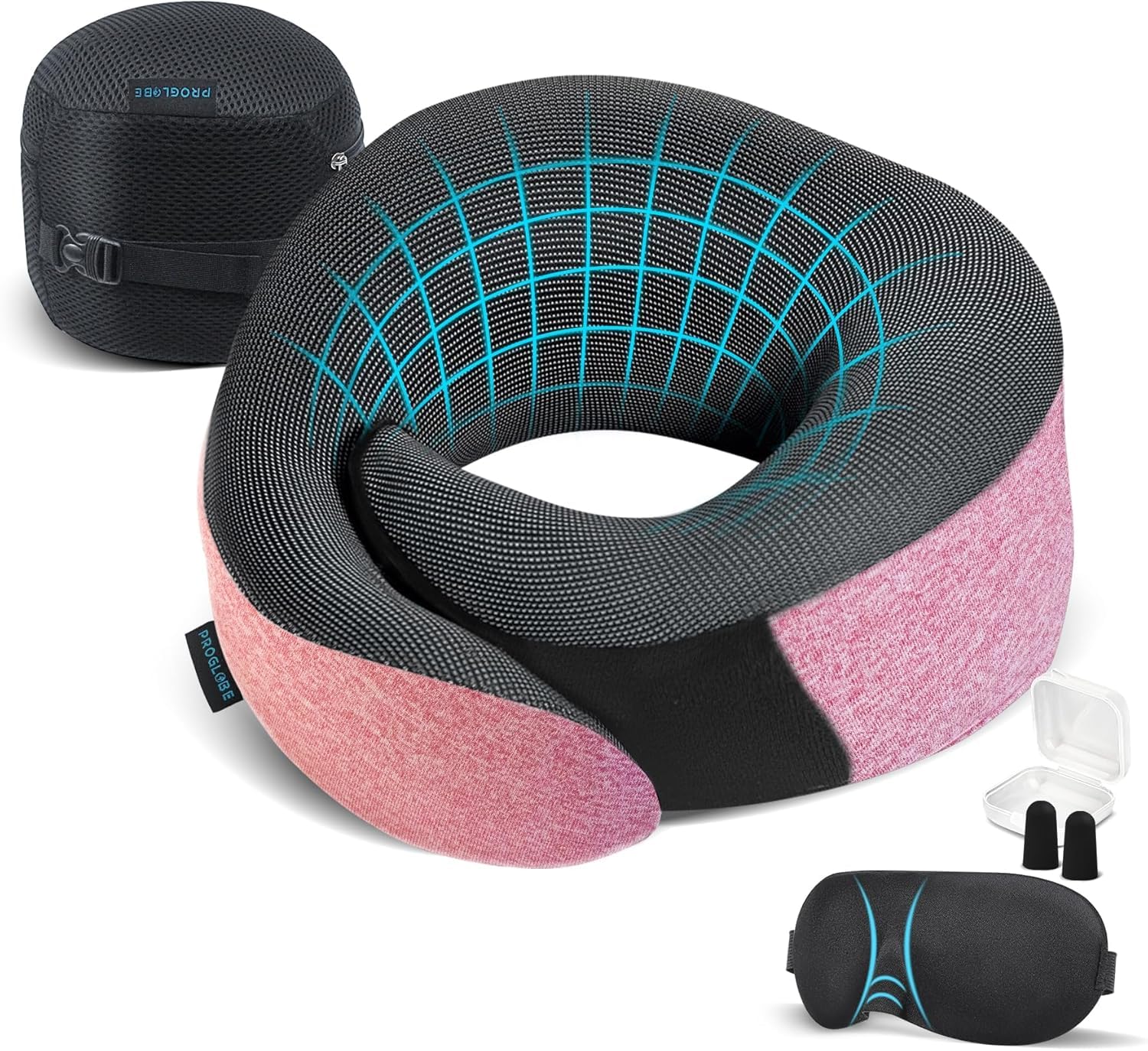 Proglobe Pink Airplane Travel Pillow Set, 100% Pure Memory Foam Neck Pillow, Updated Material, Long Haul Travel Kit with 3D Contoured Eye Masks, Earplugs, and Luxury Bag
