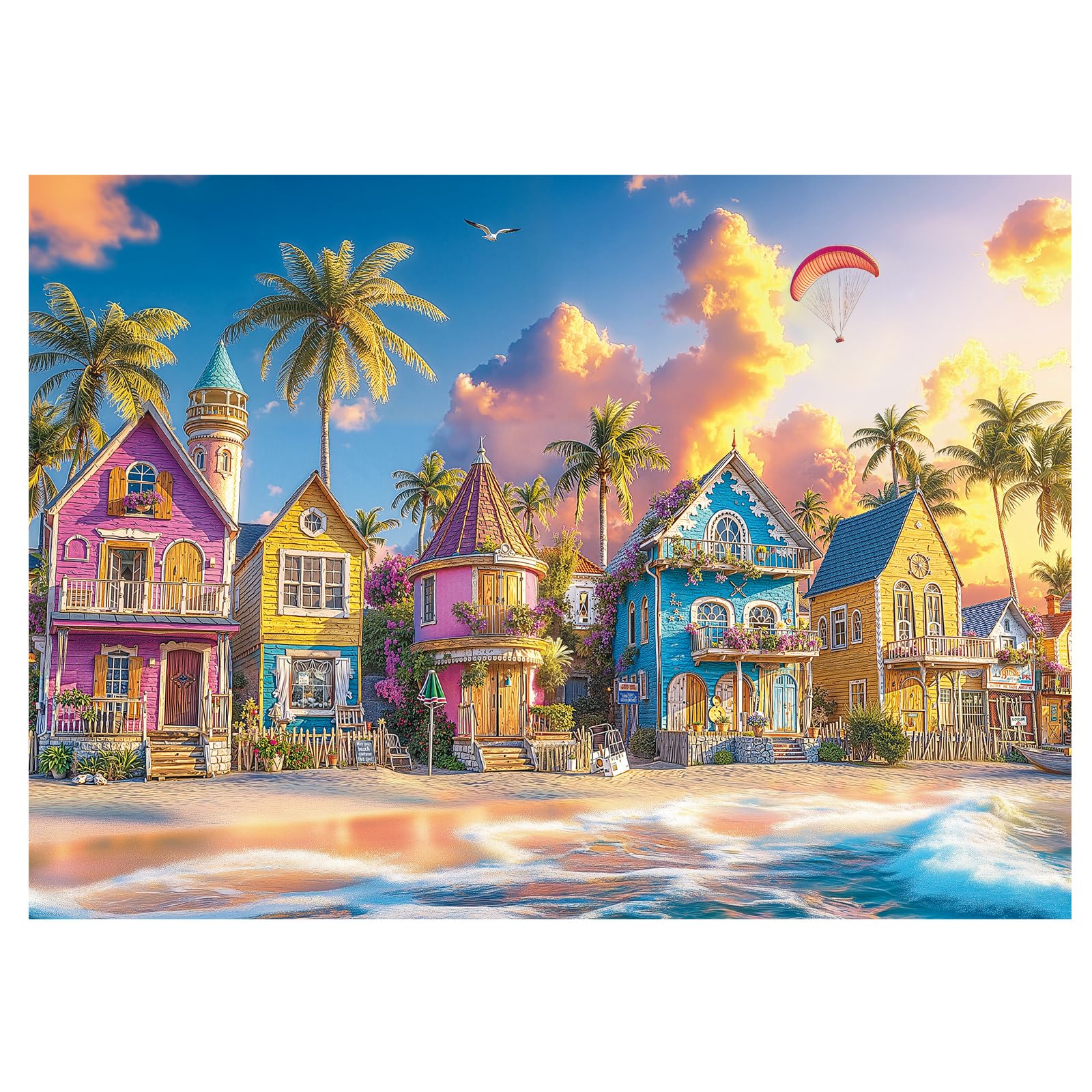 Beach Ocean Summer Puzzle 1000 Pieces for Adults, Colorful House Sunset Hawaii Jigsaw Puzzles, Cottage Seaside Romantic Art Puzzles