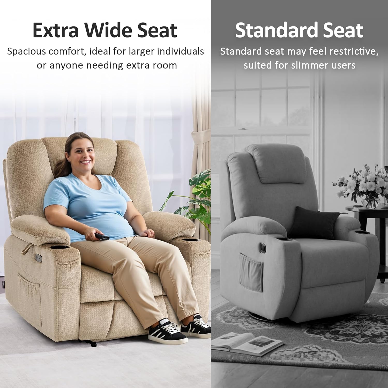 MCombo Oversized Power Lift Recliner Chair Sofa with Massage and Heat for Elderly People Petite, USB Ports, Side Pockets, Fabric R7561 (Beige, Small-Oversize)