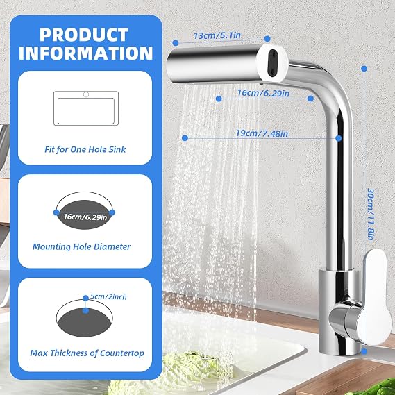 Waterfall Tap, Kitchen Mixer Tap with Pull Out Spray, 4 Spray Modes, Hot and Cold Function, 360° Swivel Single Handle Tap for Bathroom, Kitchen, Bar, Home, Outdoor, Brushed Faucet