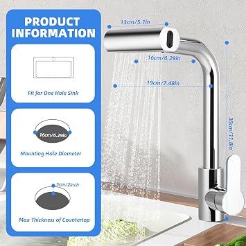 Waterfall Tap, Kitchen Mixer Tap with Pull Out Spray, 4 Spray Modes, Hot and Cold Function, 360° Swivel Single Handle Tap for Bathroom, Kitchen, Bar, Home, Outdoor, Brushed Faucet