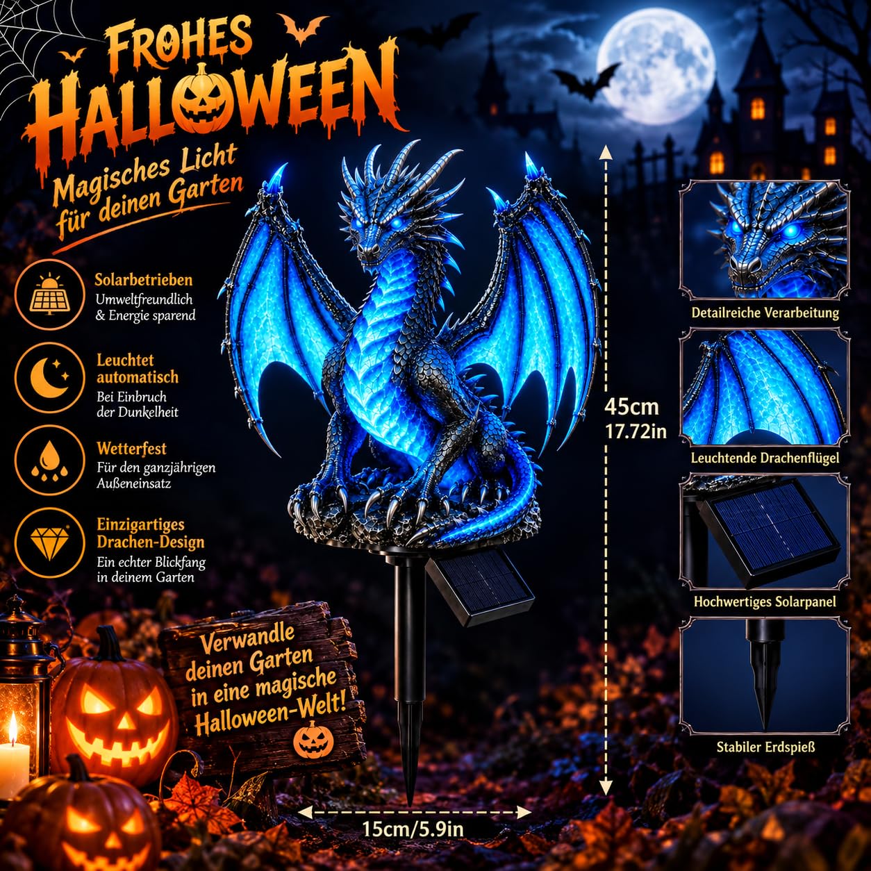 Décoration extérieure race solaire fantaisie dragon glacé lampe de jardin à brancher Halloween 1 pièce