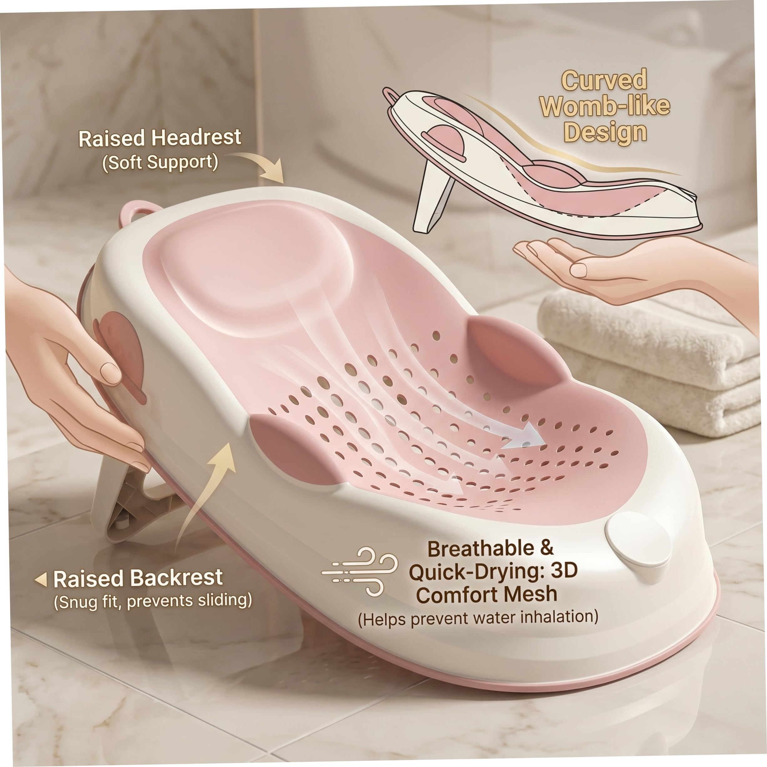 Vaschetta per il bagnetto pieghevole, supporto per bagnetto in rete confortevole con poggiatesta, seggiolino da bagno simile al grembo materno per bambine appena nate, Style-2