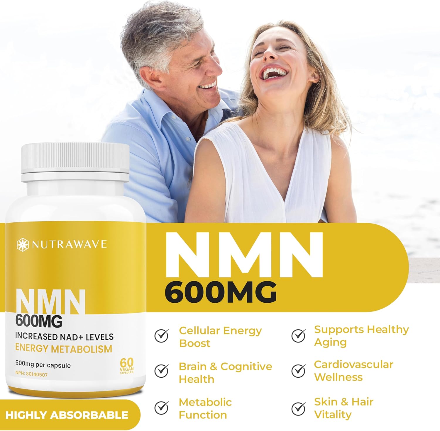 Nutrawave High Potency NMN Supplement Canada – 600mg NMN | Pure NAD+ Booster for Energy, Longevity, Brain & Metabolism | NAD Supplement, Non-GMO, Vegan, 60 Capsules - Image 3