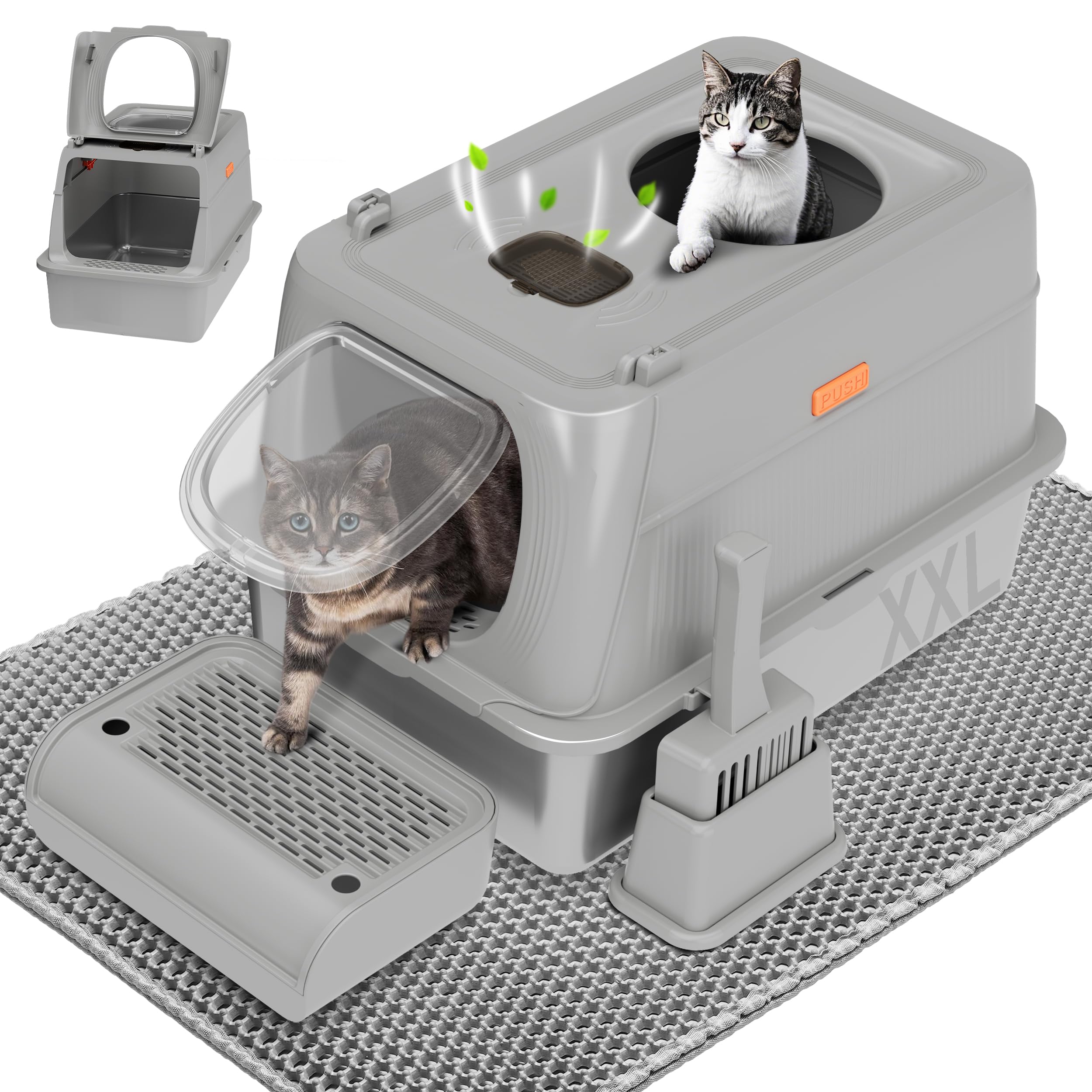 Citylife Stainless Steel Cat Litter Box with Lid, Front & Top Entry Extra Large Metal Kitty Litter Box Enclosure with Scoop & Double Layer Mat, Anti-Leakage, Non-Sticky, Light Grey