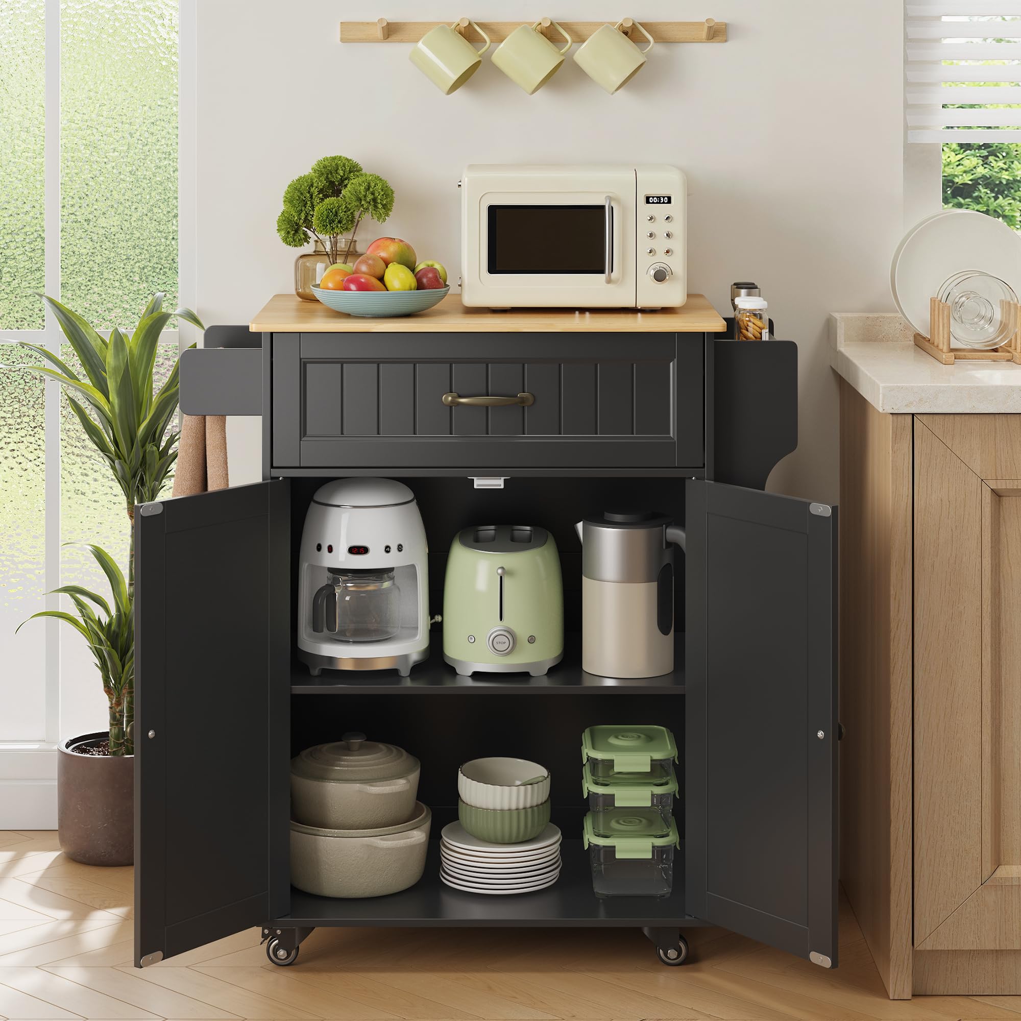 Bealife Isla de Cocina con Ruedas, Carro de Cocina con Cajón, Armario, Estante Lateral para Especias y Toallero, Mueble Auxiliar de Almacenamiento para Comedor (Negro)