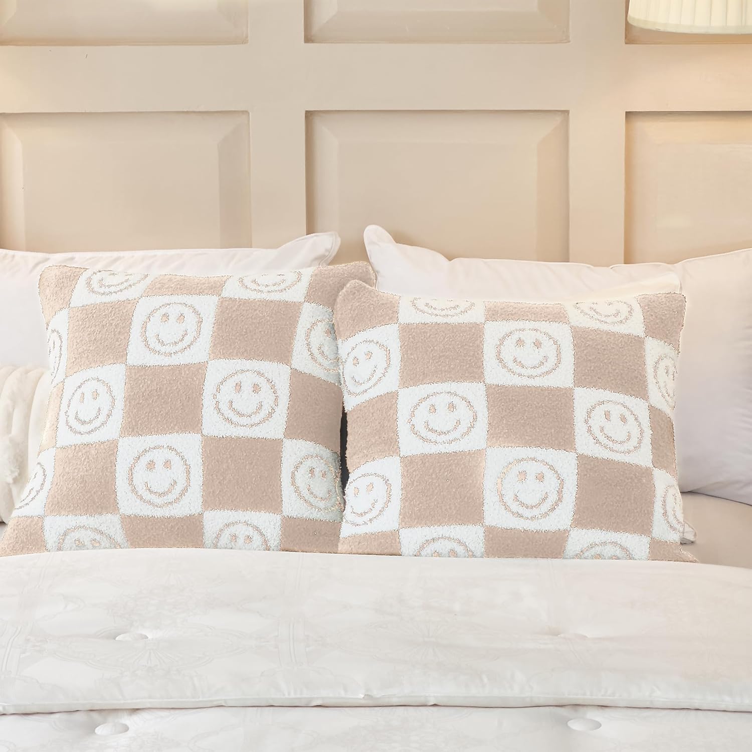 Pack of 2 Ultra Soft Cozy Happy Smiling Face Checkered Knitted Throw Pillow Cover Fluffy Microfiber pillocase Decorative for Sofa Bed 18 Inches Both Sides (Cream)