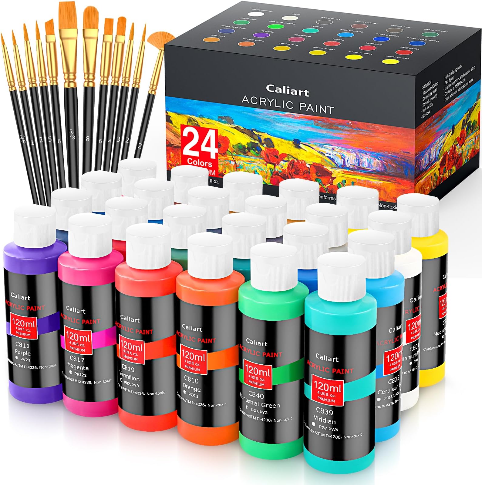 Caliart 24 Colors Acrylic Paint Set Large Bottles 4oz/120ml with 12 Brushes, Craft Painting kit for Adults Artists Beginners, Rich Pigment Non-toxic, Canvas Pumpkin Ceramic Wood Rock Art Supplies Paints
