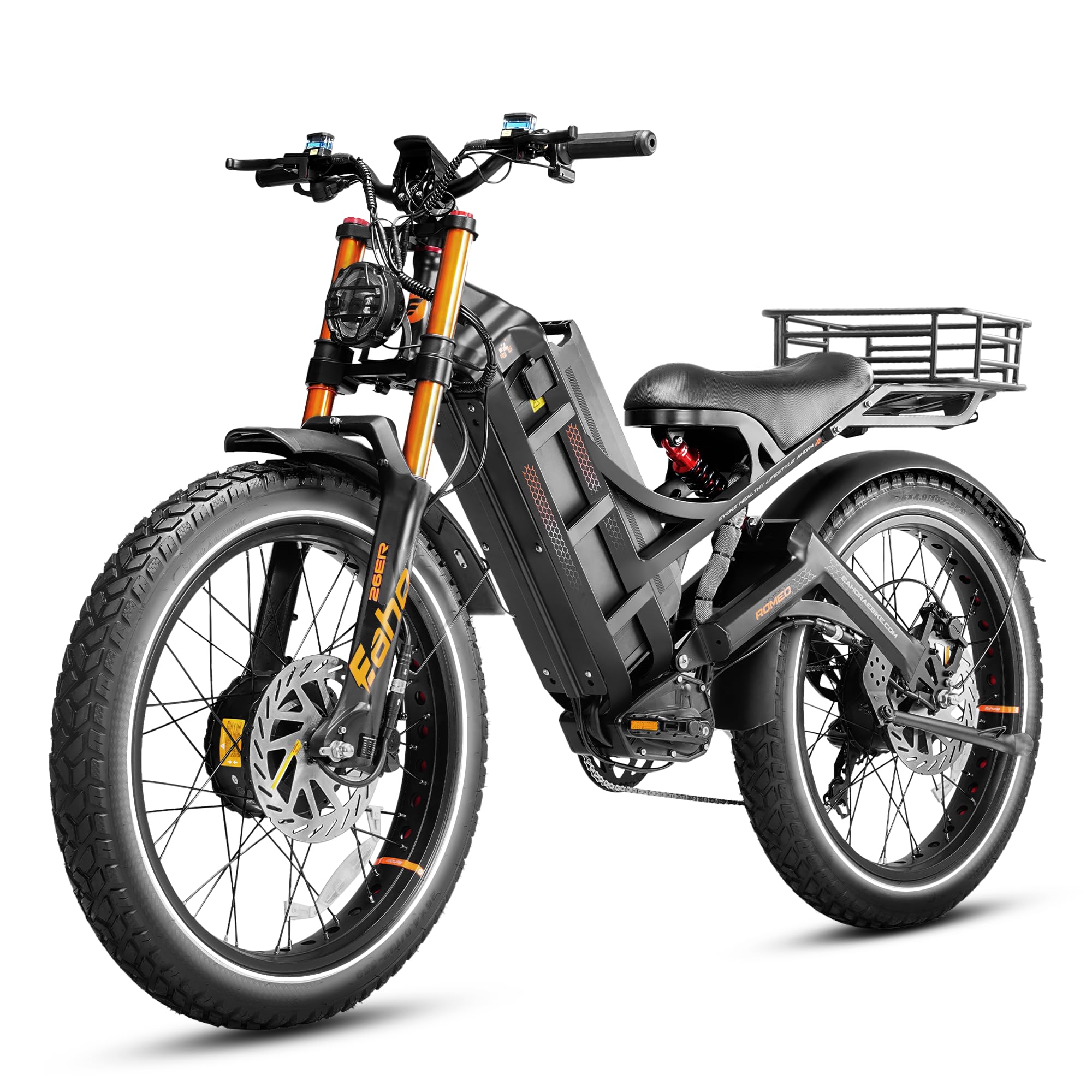 eAhora Romeo Pro 3 Peak 5600W Electric Bike for Adults 50Mph, 60V 80Ah Battery 250 Miles,Long Range Dual Motors Ebike,26"*4.0 Fat Tire Full Suspension,UL 2849
