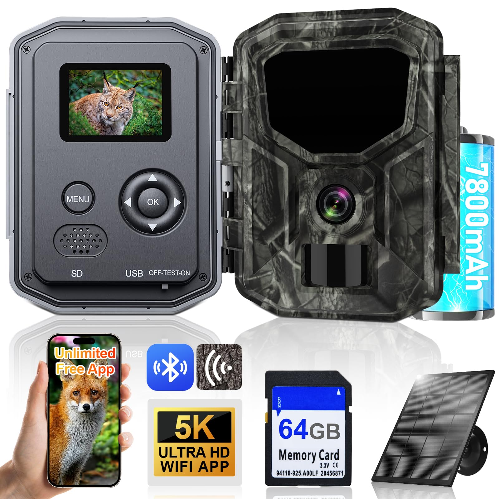 Lutranstra Caméra de chasse avec détecteur de mouvement - Vision nocturne Bluetooth - Wi-Fi avec application de transfert de téléphone portable - Batterie rechargeable 7800 mAh (T41)