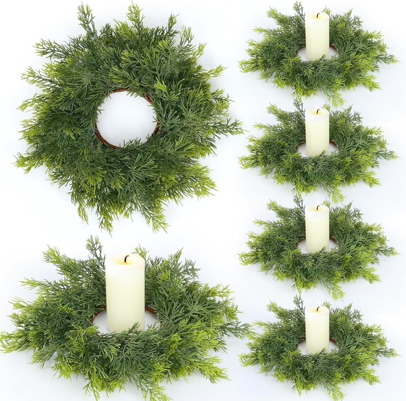 6 PCS Christmas Candle Rings Wreath Artificial Green Norfolk Cedar Mini Candle Ring Holder Small Wreaths for Xmas Cabinets Kitchen Windows Home Wedding Table Centerpiece Door Window Chair Wall