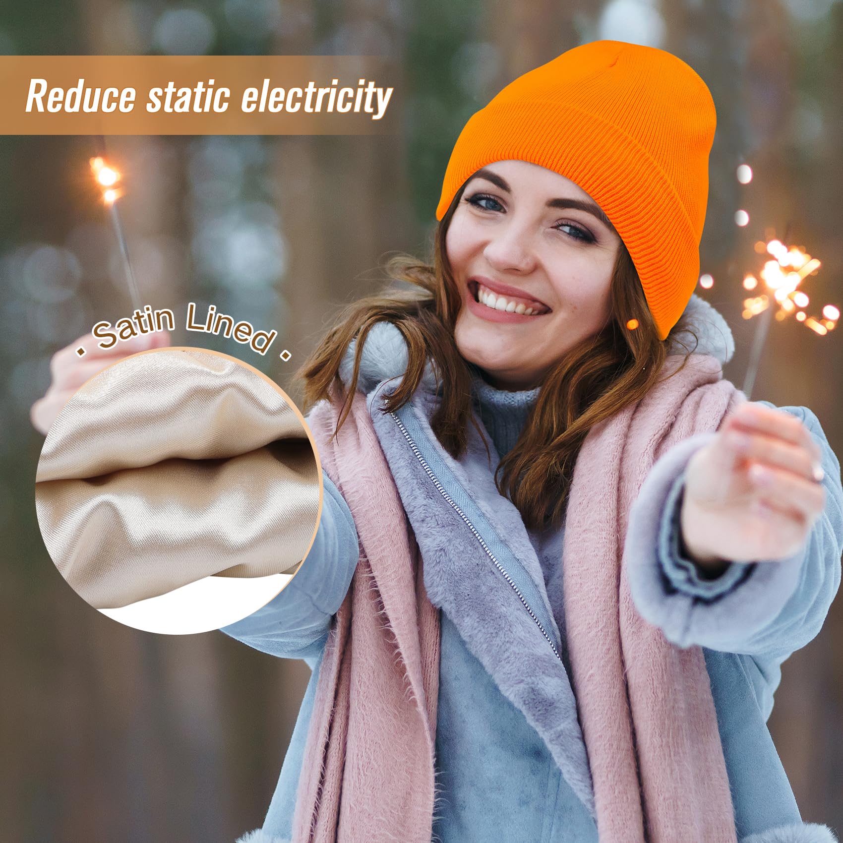 Unisex Satin Lined Beanie Silk Lined Beanie Warm Winter Hat Knit Hat Slouchy Beanie Hat for Women Men Orange