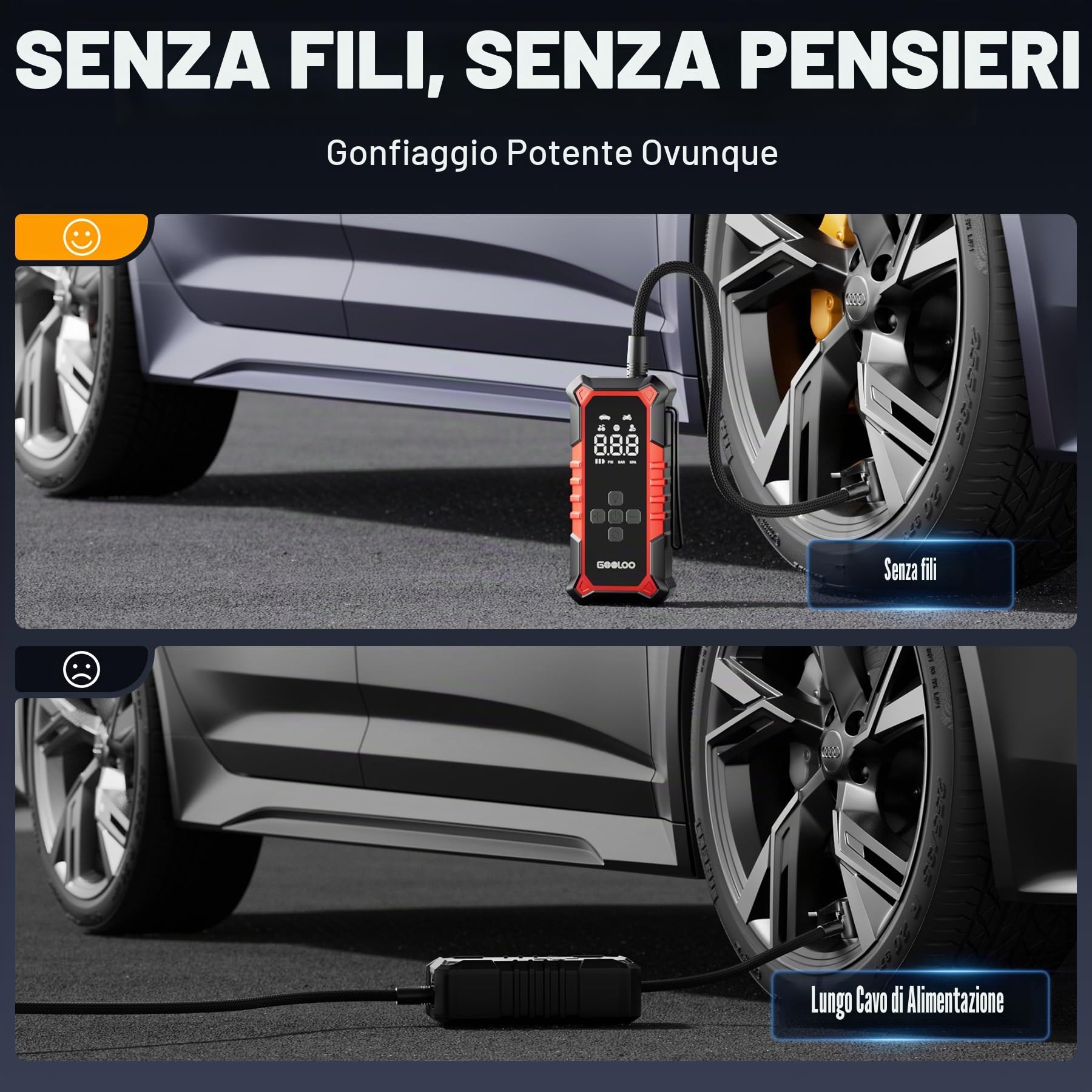 GOOLOO A6 Gear Compressore d'aria Portatile,160 PSI(11 Bar), con Manometro Digitale e Luce LED, Pompa Elettrica Intelligente per Pneumatici con Spegnimento Automatico per Pickup, Motore, Bici