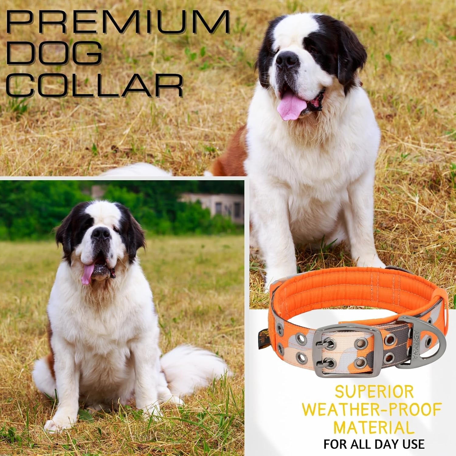 ADITYNA - Giant Dogs Collar with Handle - Adjustable XXL Collar 27 to 32 Inches for Huge Dog Breeds Like Mastiff, Saint Bernard, Newfoundland, Leonberger, Kangal (Camo Orange, XL: Fit 27-32" Neck)