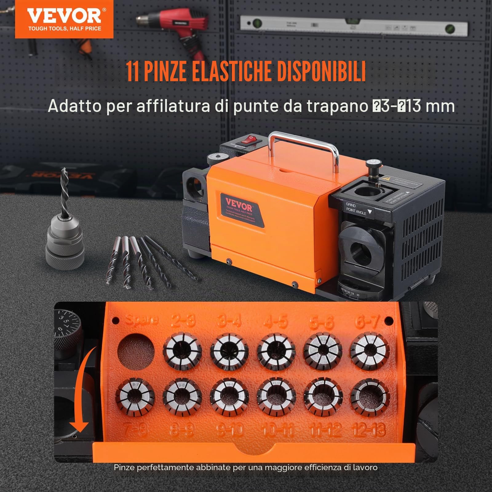VEVOR Affilatrice per punte da trapano, affilatrice per punte da trapano da 3-13 mm, angolo di rilievo del labbro e angolo di 95°-135°, affilatrice portatile con 11 pinze, ruota CBN e SDC