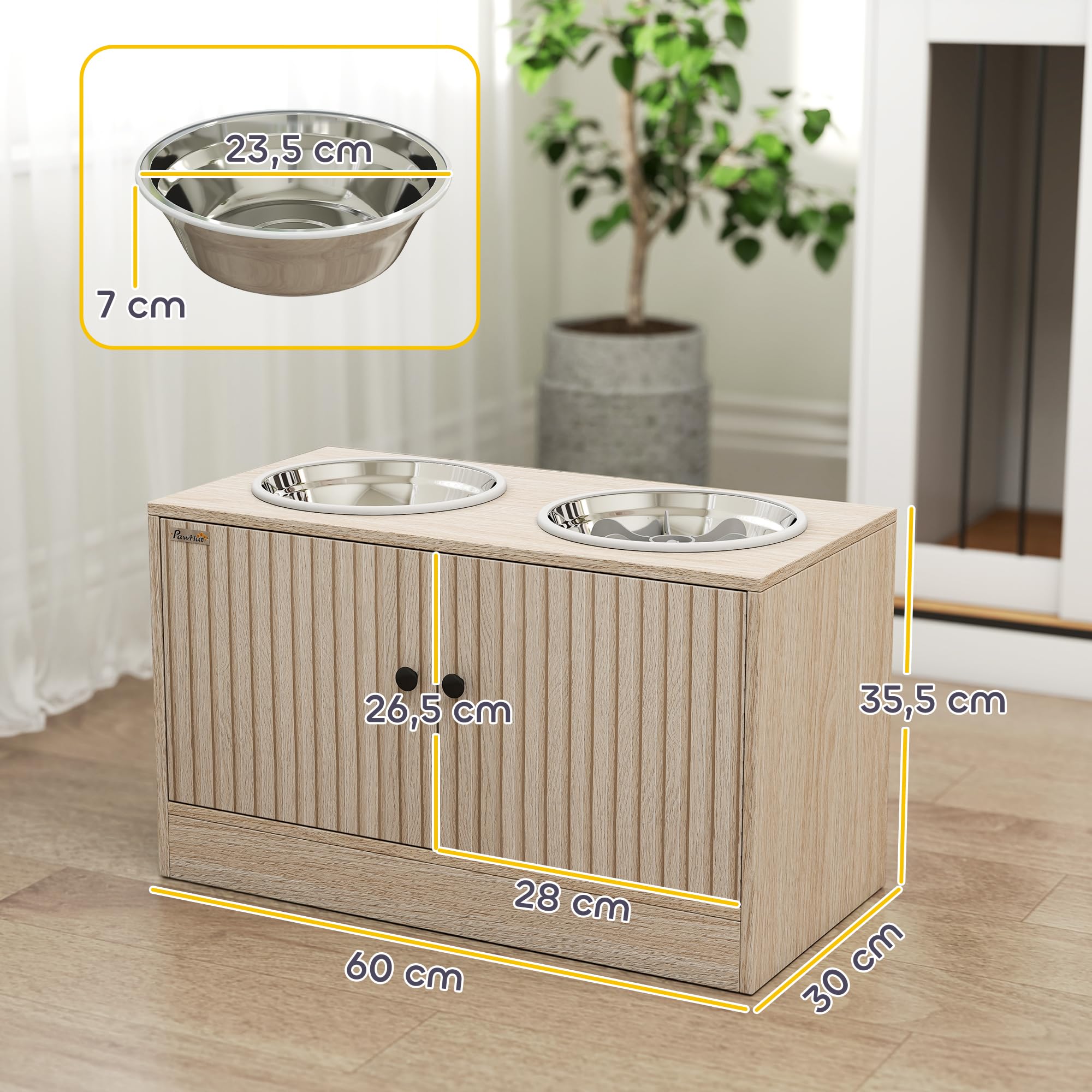 PawHut Comedero Perro Elevado con 2 Cuencos de Acero Inoxidable 2x2000 ml Comedero Lento para Perros Grandes con 2 Puertas, Almacenamiento Oculto, Anillos Antideslizantes, Cuencos Elevados, Roble