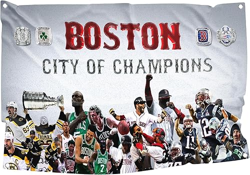 Bandera de Boston City of Champions de 3 x 5 pies para cuevas de hombre, dormitorios y gimnasios con 4 ojales de metal para una fácil instalación