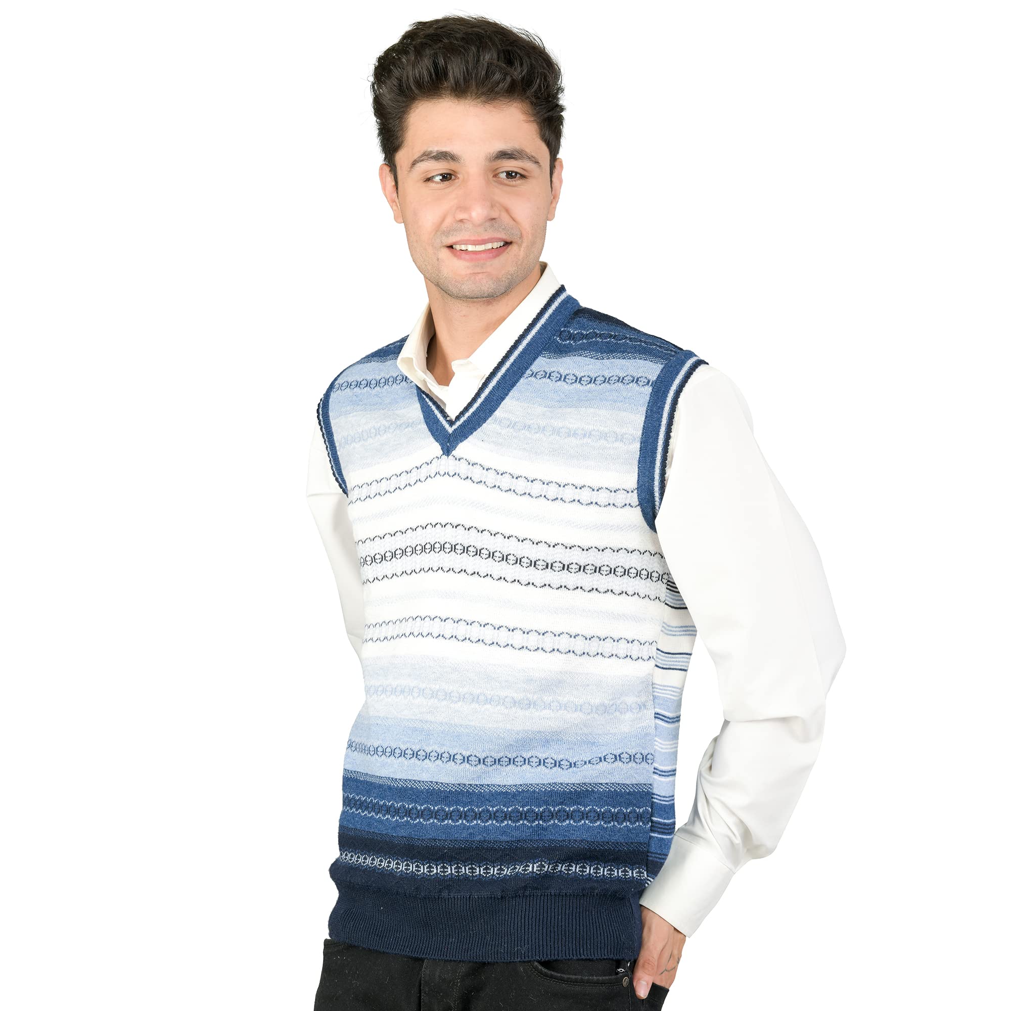 MONT CONNETT Men Woolen Printed V-Neck Design Sleeveless Pullover Heavy Rainbow Fabric Winter Wear Pure Wool Cardigan Regular Cotty Fully Warm Heavy Pullover Cardigans Free Sizes