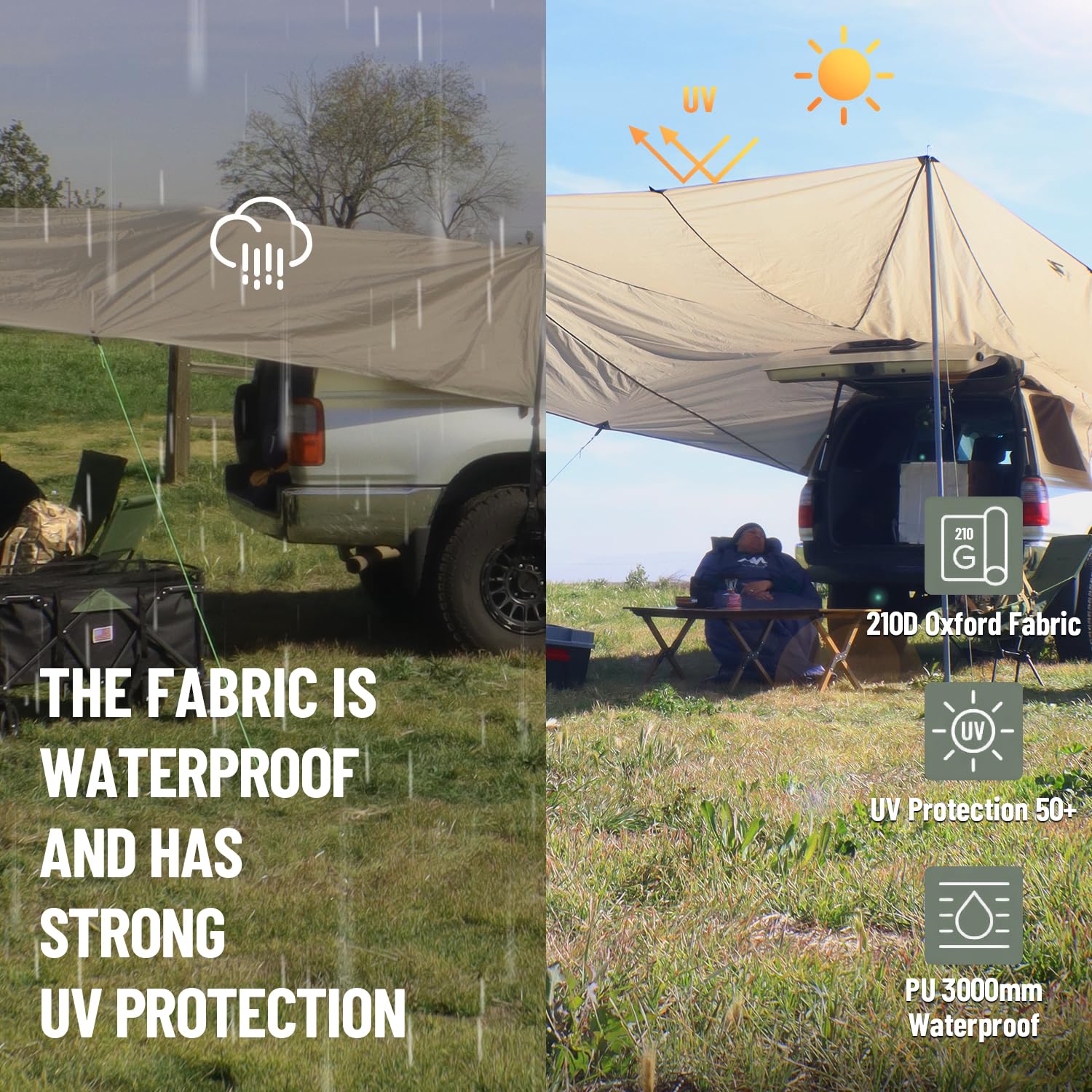 Auto Markise Vorzelt, Wasserdicht Sonnensegel Camping Dachzelt Dachträger Sonnenschutzdach mit UV-Schutz (UV80) & Wasserdicht-Coating Heckklappe für Auto SUV Wohnwagen PKW Van Outdoor (485 x 427 cm)