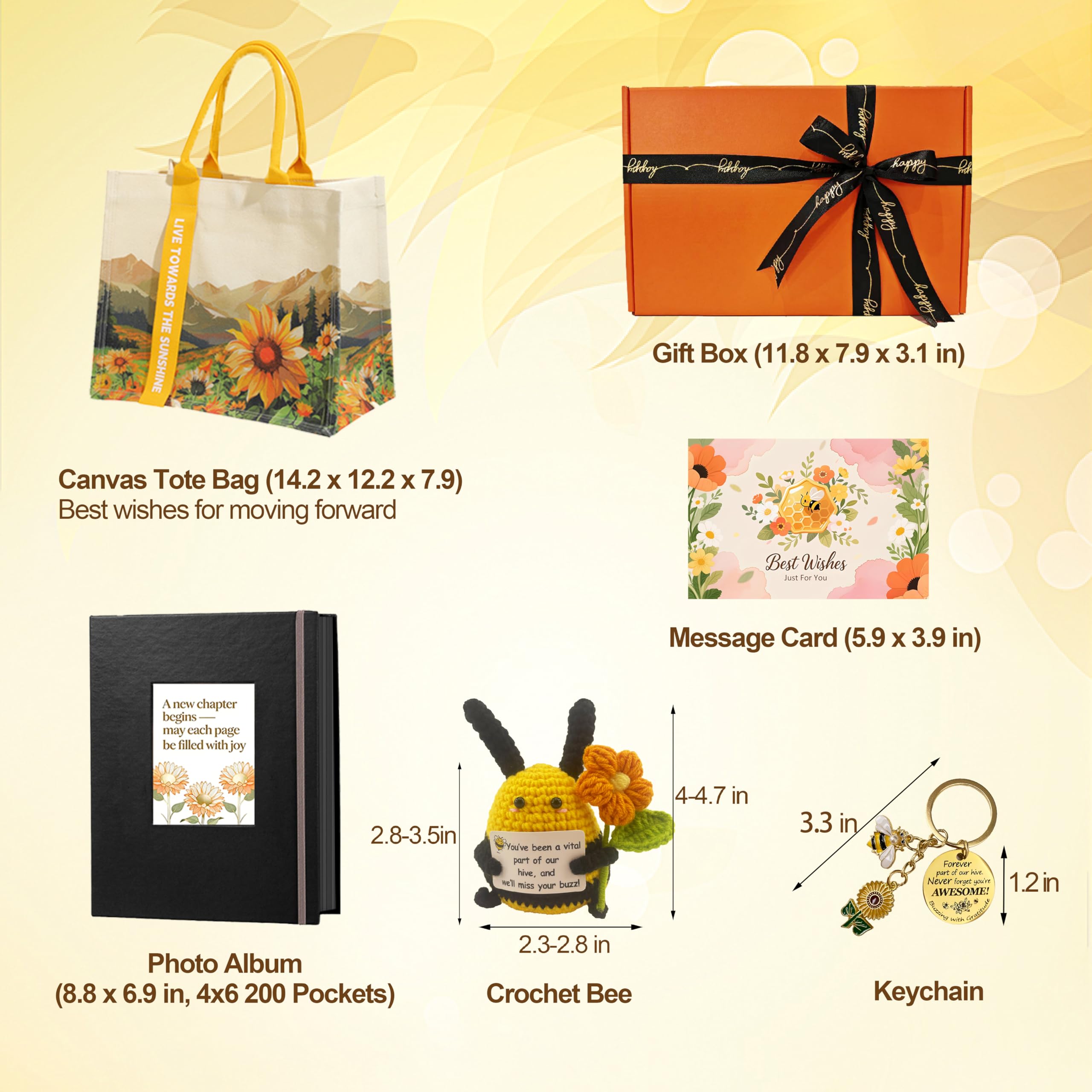 Regalos de jubilación feliz para mujer, caja de regalo con bolsa de mano, álbum de 200 fotos, abeja de ganchillo y llavero, regalo de despedida para compañeros de trabajo, empleados, colegas vecinos