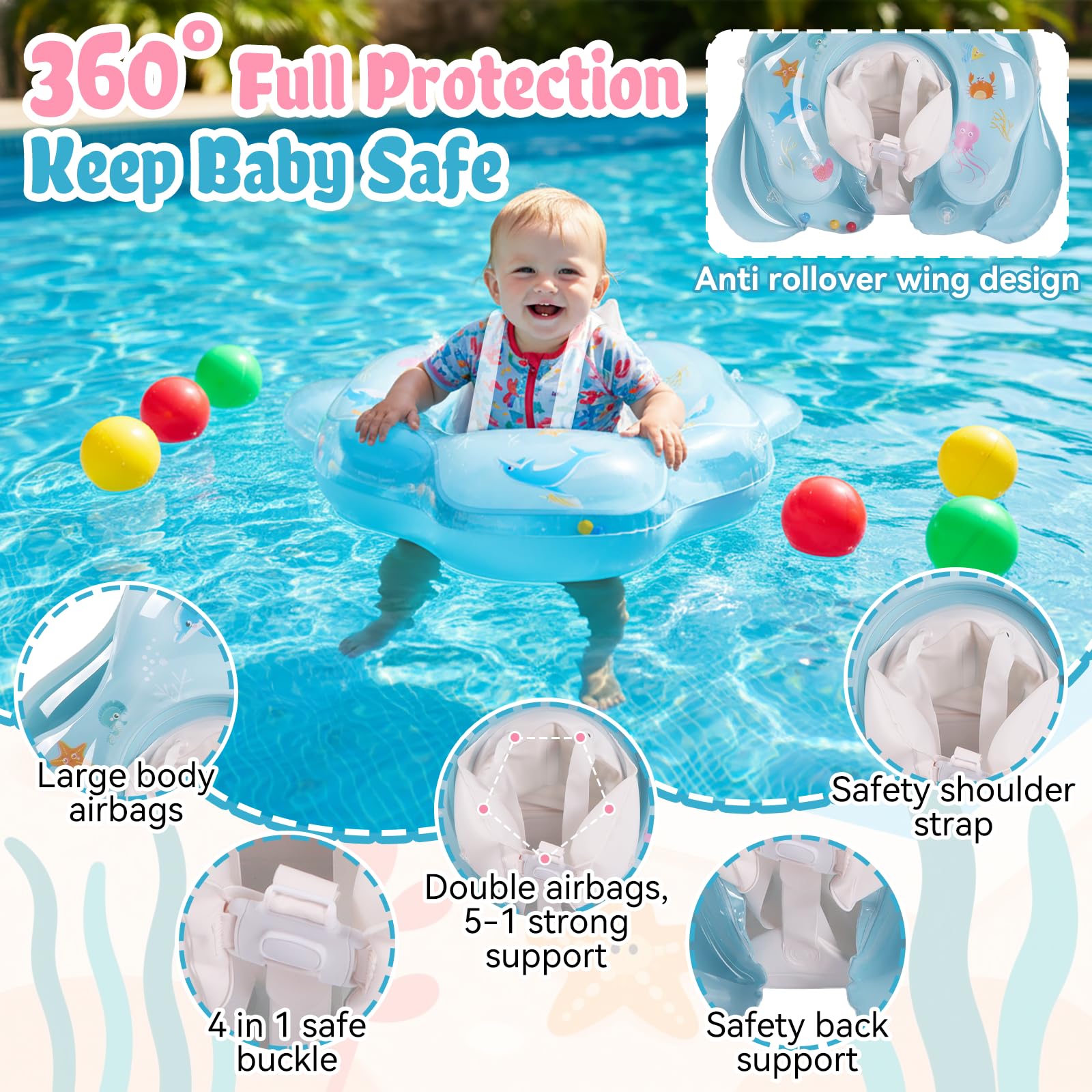 Ninonly Flotador Bebe con Sombrilla UV UPF 50+ Flotador Inflable para Bebe de Protección Solar Antivuelco Piscina Bebé con Asiento y Respaldo para Niños de 12 a 36 Meses