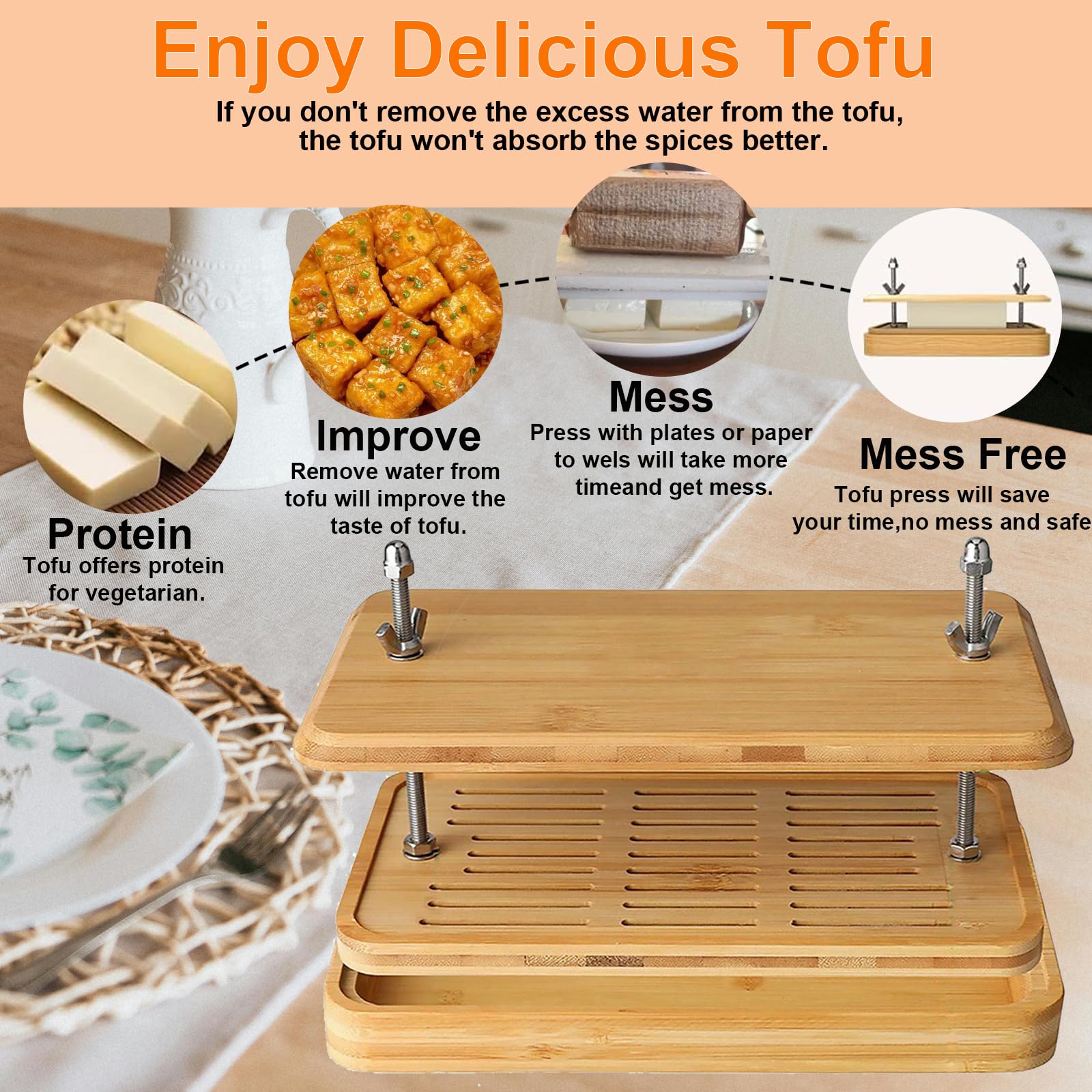 Prasa do tofu, duża bambusowa prasa do tofu z sitkiem do tofu, tacą ociekową i gazą, bez BPA, łatwa do czyszczenia, łatwa do usunięcia wody z jedwabiu, twardego/bardzo mocnego tofu, świetny prezent