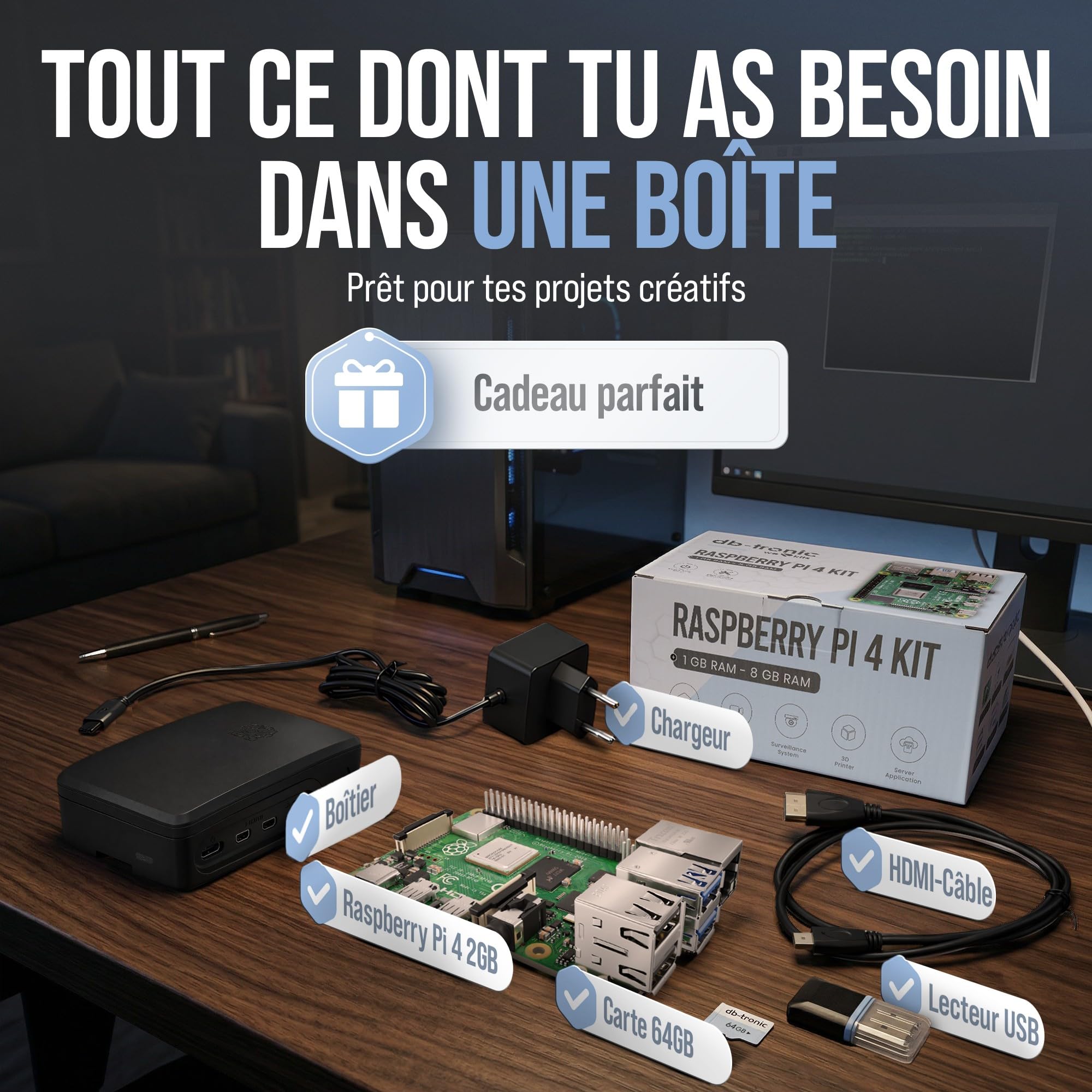 db-tronic Raspberry Pi 4 2 Go Starter Kit | Édition Noire 64 Go | Alimentation 15 W | Boîtier Noir | Micro HDMI 4K | Dissipateurs | idéal pour Home Assistant et Le Smart Home