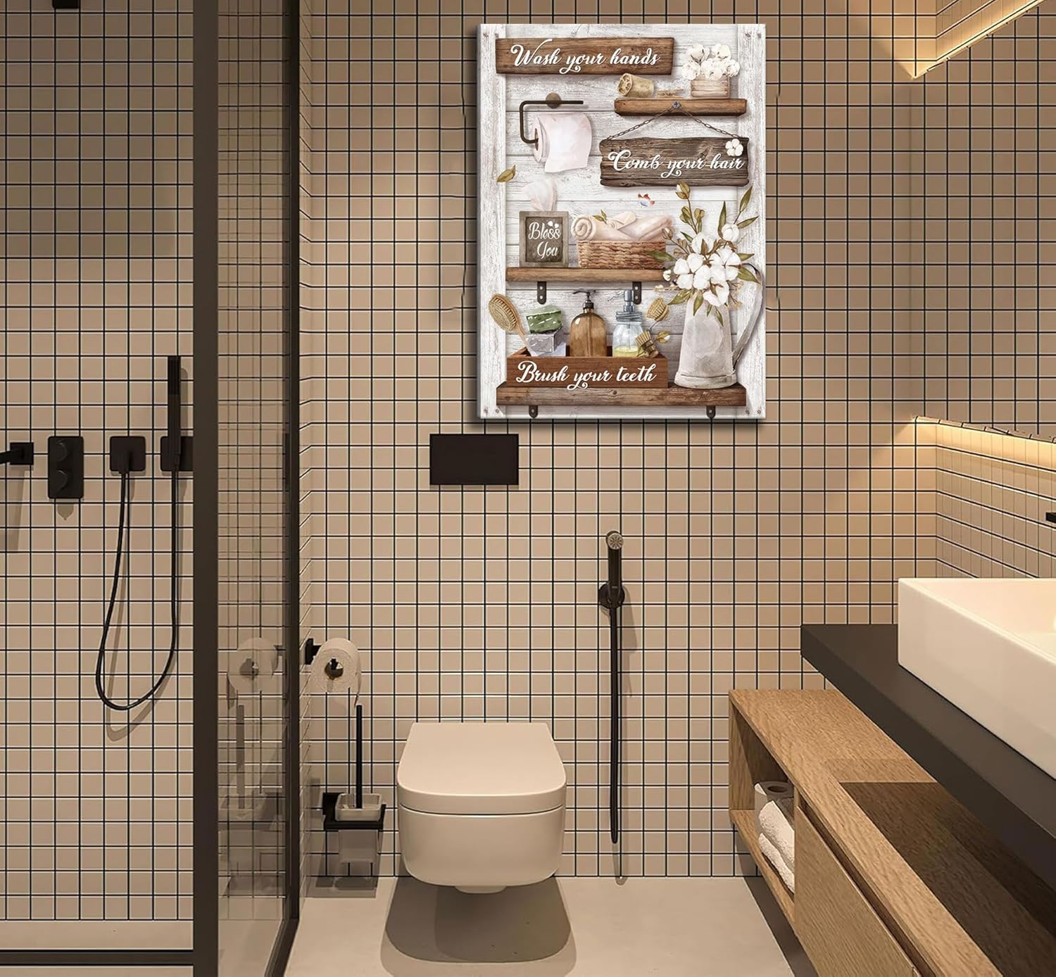 Funny Bathroom Canvas Wall Art.Retro Cotton floral Painting Picture Wall Decor. Modern Rustic Farmhouse Poster Print Artwork for Bathroom Restroom Home Decoration