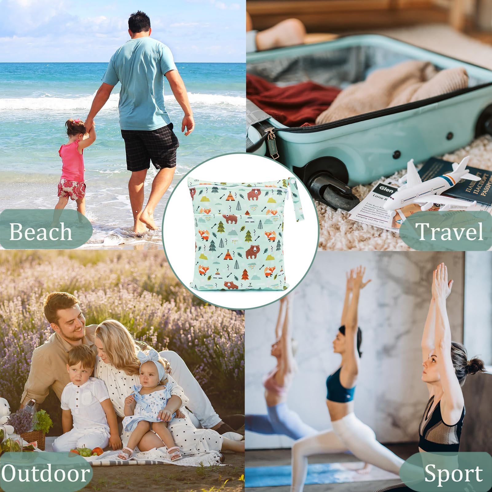 Bolsas Pañales Impermeables, 3 PCS Bolsa Muda Bebe, Wetbag Portátil para Mamá, Organizador de Colgar de Maquillaje Viaje Playa Piscina, Wet Bag de Tela Reutilizable Lavable (Oso Verde)