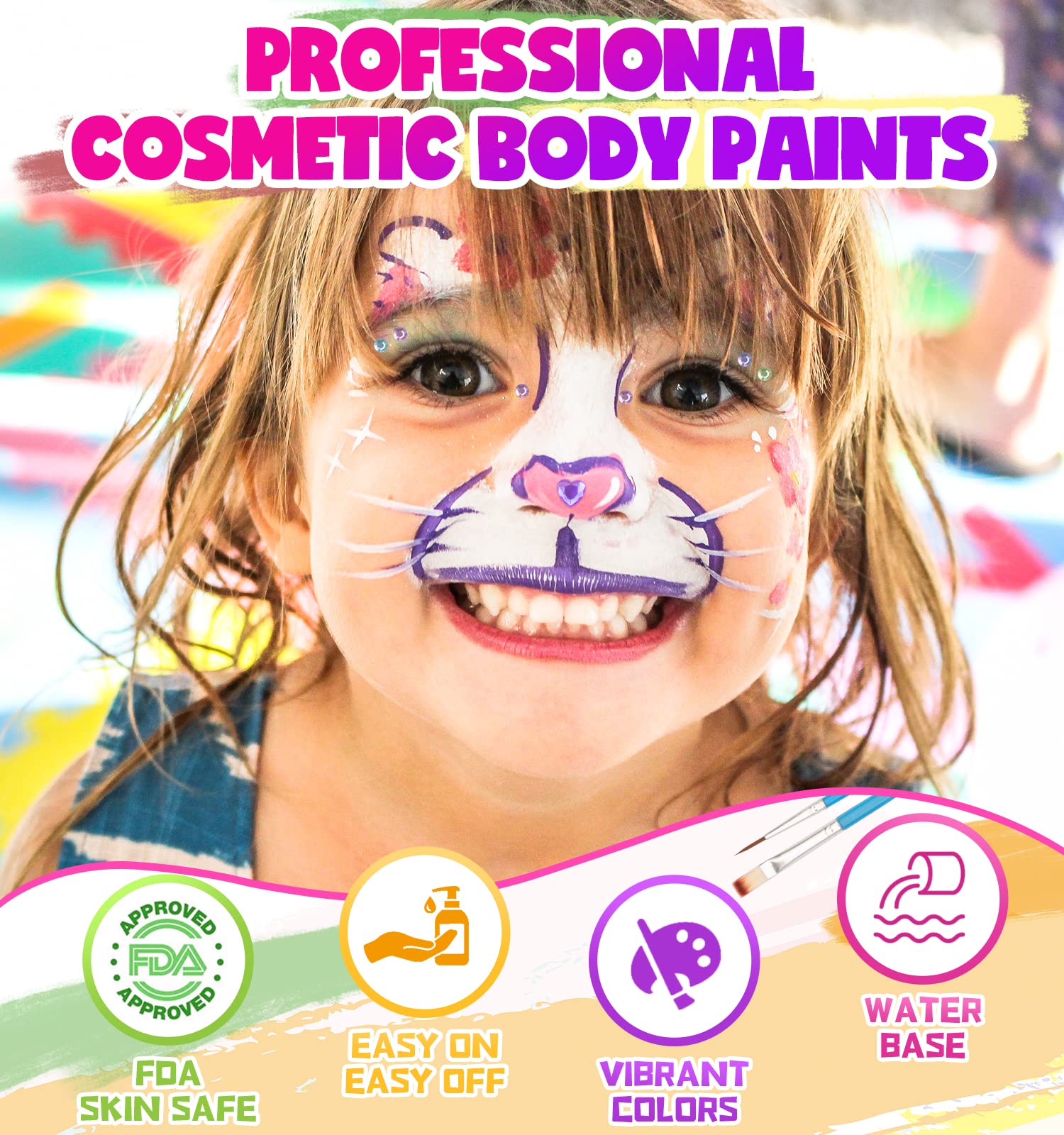 KHOLEZ Set De Pintura Facial Infantil De 21 Colores Lavables Con Plantillas, Purpurina Y Tizas Para El Cabello – Kit Profesional Para Halloween, Carnaval Y Fiestas (Hipoalergénico)
