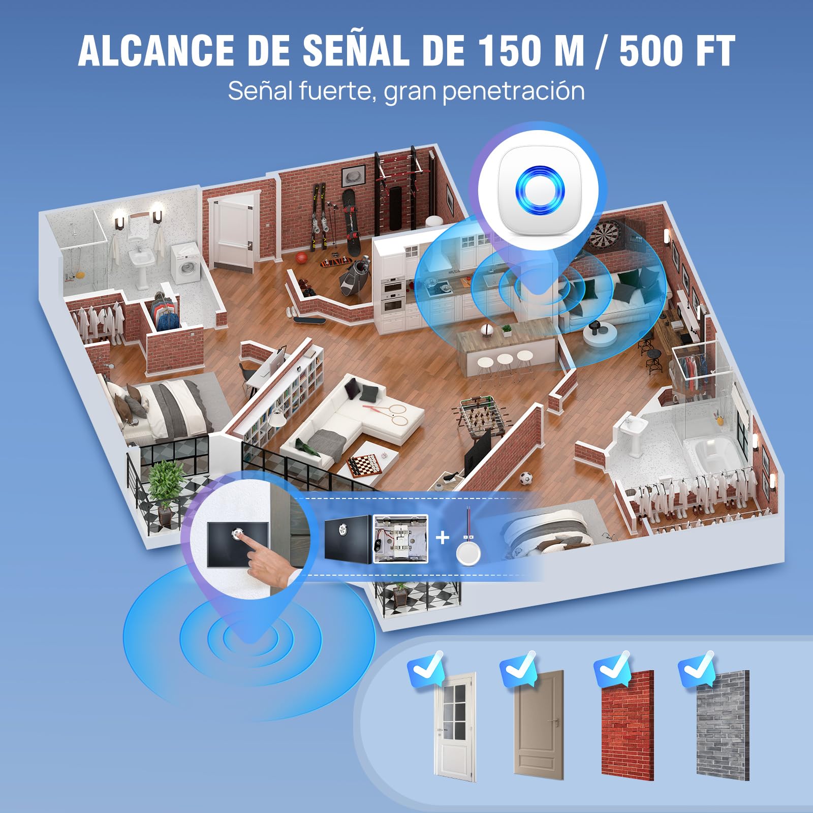 Conjunto de Extensión de Señal Inalámbrica PHYSEN, Amplificador de Timbre y Campana, Reenvío de Timbre para Timbre Existente, Timbre para Dormitorio, Ático y Sótano, 1 Repetidor de Señal 1 Receptor