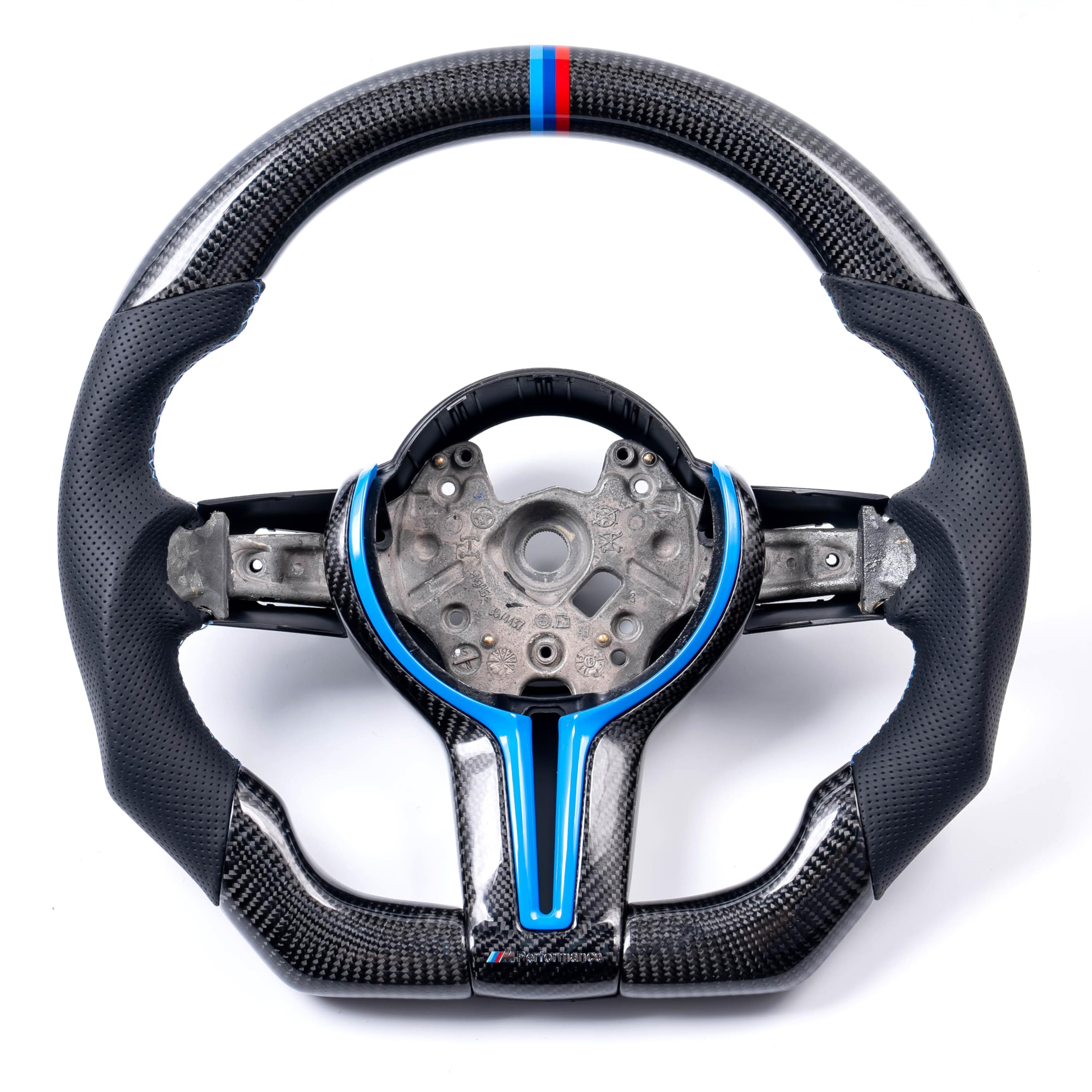 iCarPro Real Carbon Fiber Perforated Nappa Leather D-Type Racing Design Sport Steering Wheel for BMW F30 F20 F21 F25 F15 M2 M3 M4 F80 F82 F87 (Blue/Carbon Fiber Frame, F80 F30 F20)