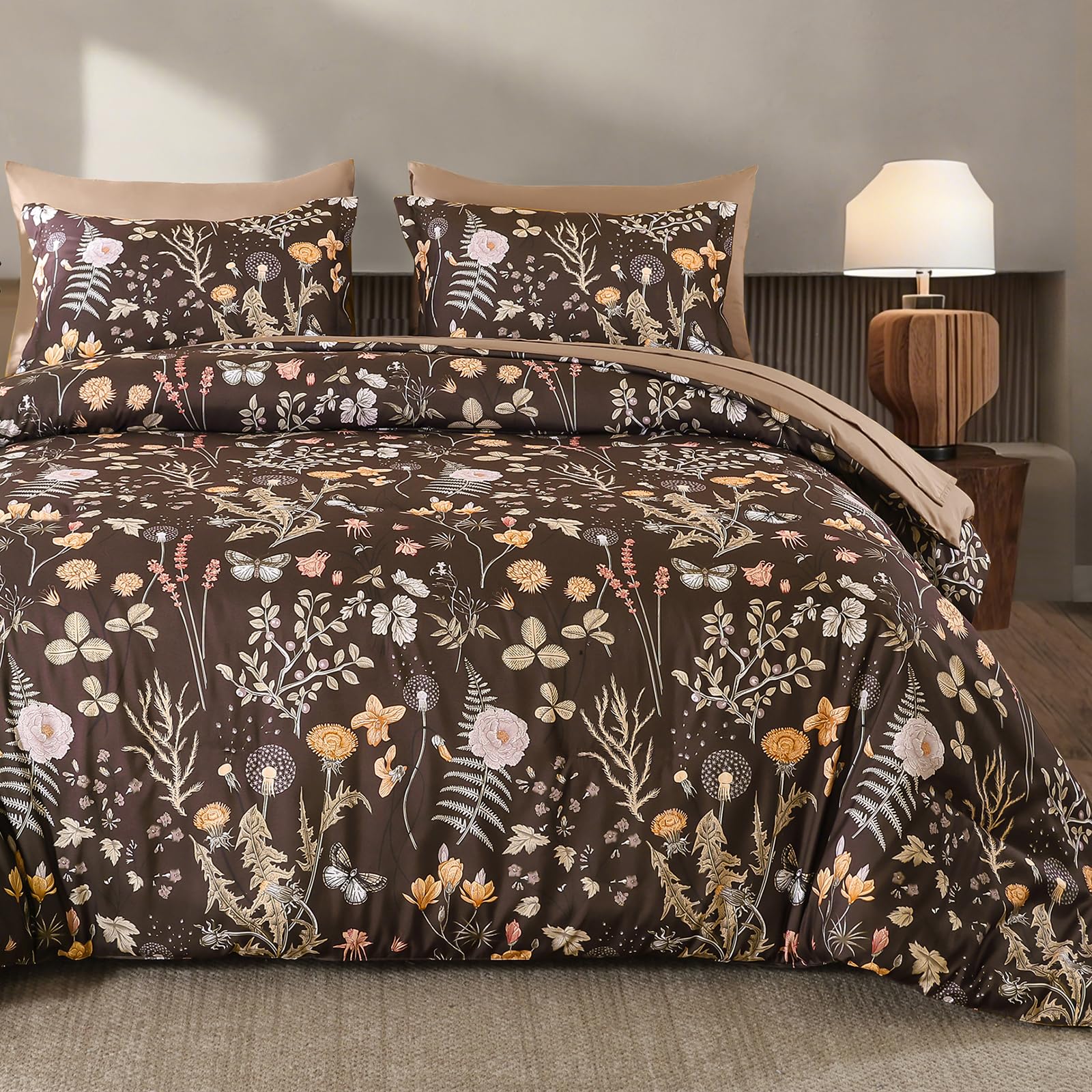 WONGS BEDDING King Size Duvet Cover Sets 3 Piece Floral Bedding Sets, Brown