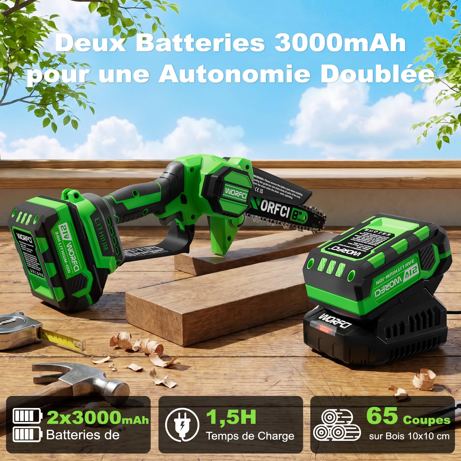 8 Pouces Mini Tronçonneuse Sans Balai Sans Fil, 2×3000mAh Batteries, Lubrification Automatique, Outil Jardinage Idéal pour Élagage Bois et Arbres