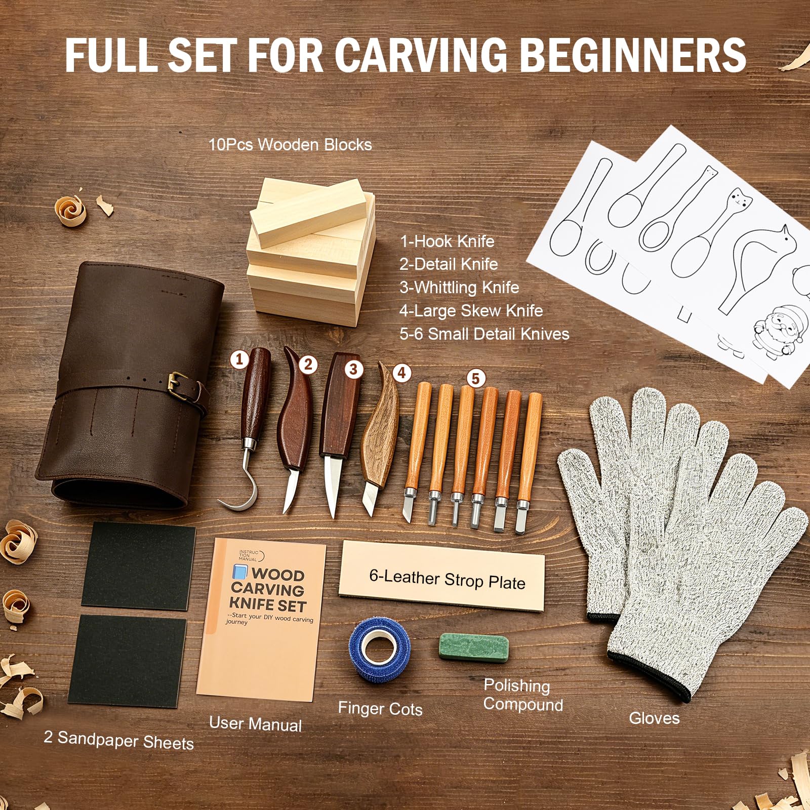 Kit Sculpture Bois 28 Pcs – 12 Couteaux à Bois, Blocs & Affûteur | Lames acier chrome-vanadium, manches en noyer antidérapants. Tout le nécessaire pour sculpteur débutant ou confirmé