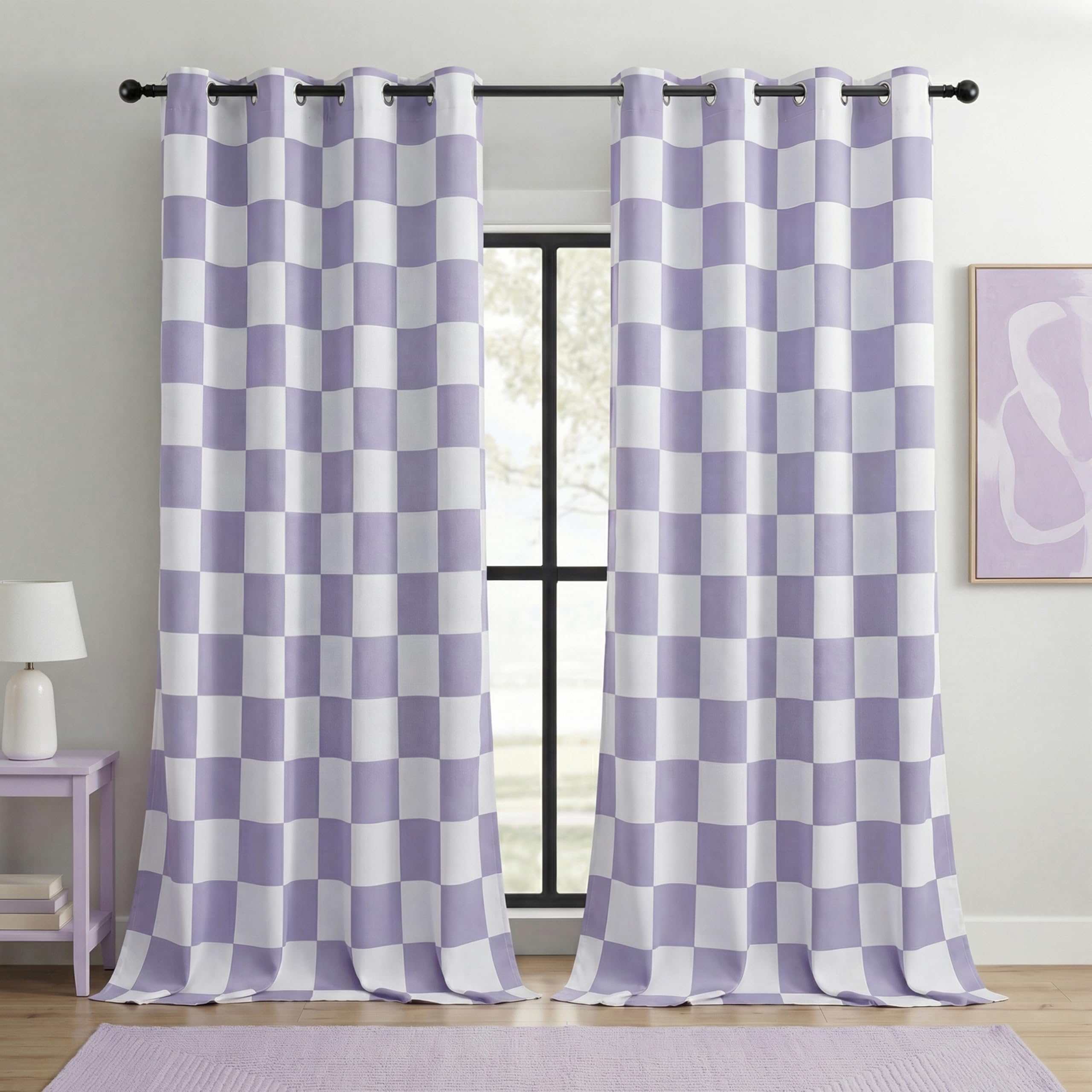 BOHOMOCASA 100% Blackout Checkered Curtains – 2 Panels, Each W52×L96, Thermal Insulated, Nosie Reducing for Bedroom, Lilac and White Checkered — image 1